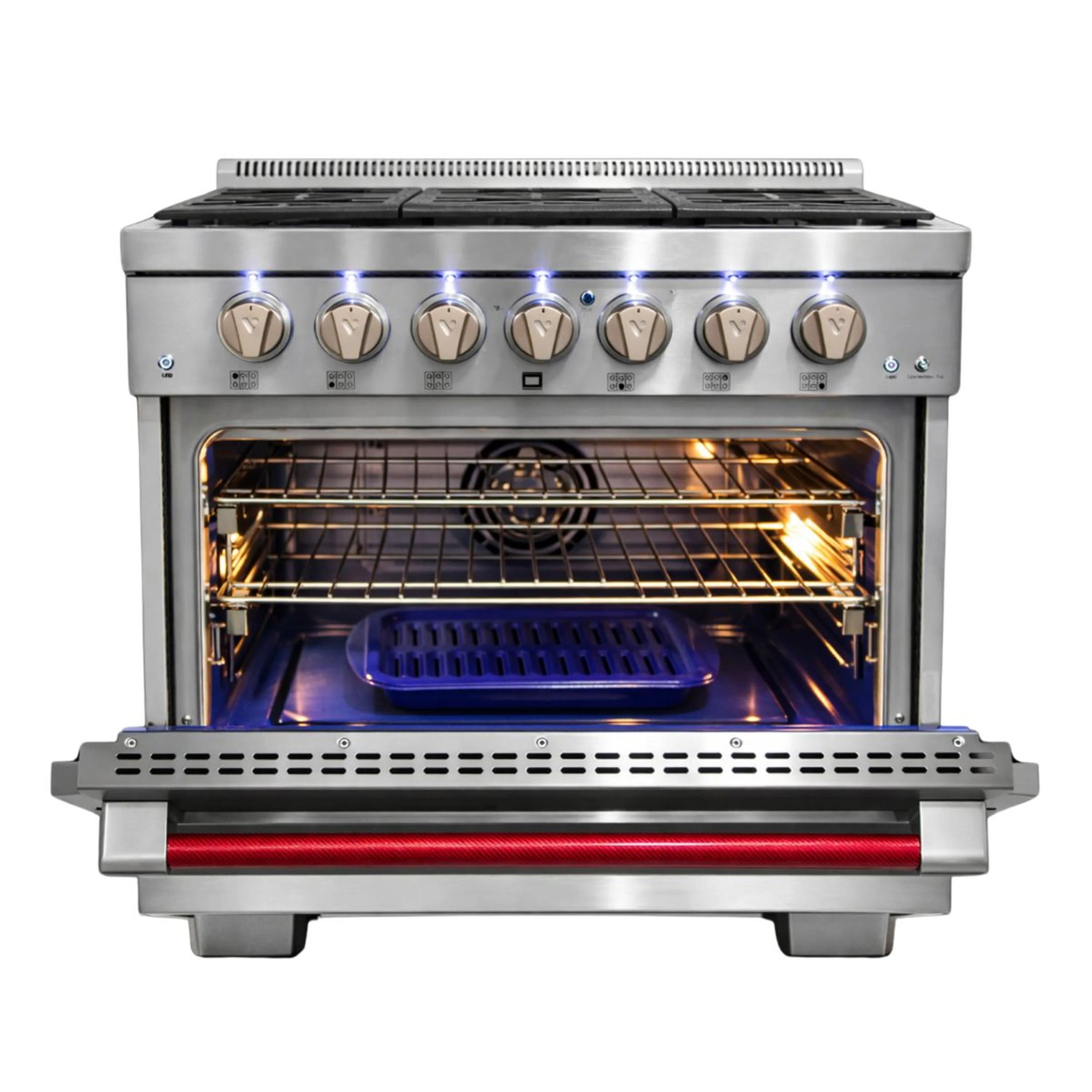 Stainless steel 36-inch gas range with silver control knobs and open oven