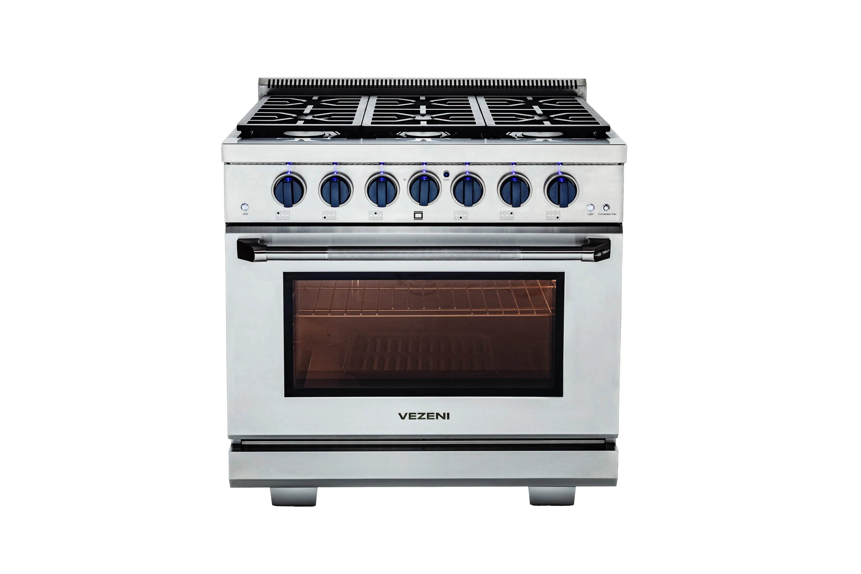 Stainless steel gas range with blue control knobs and glass oven door