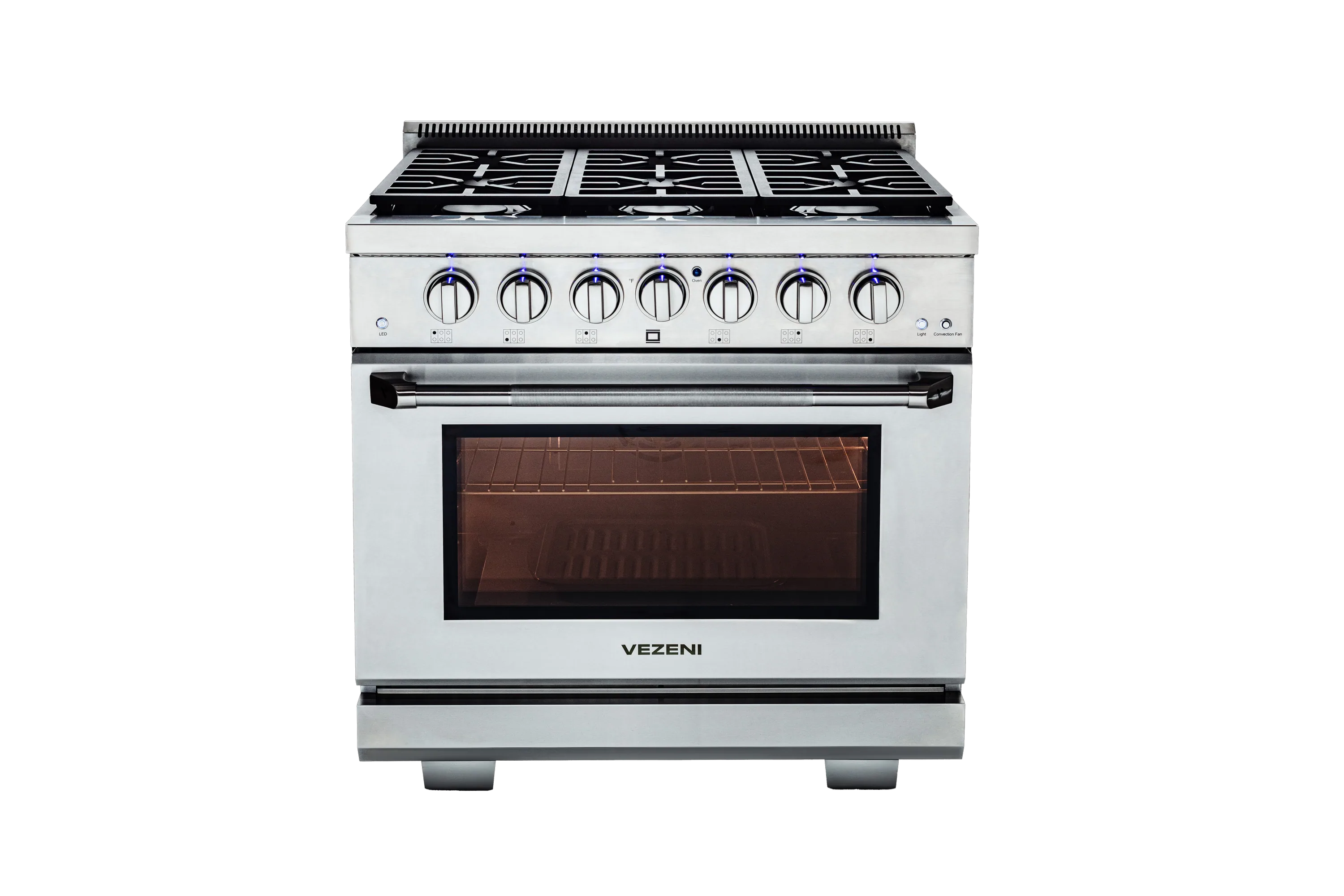 Stainless steel gas range front view with burner grates and oven door