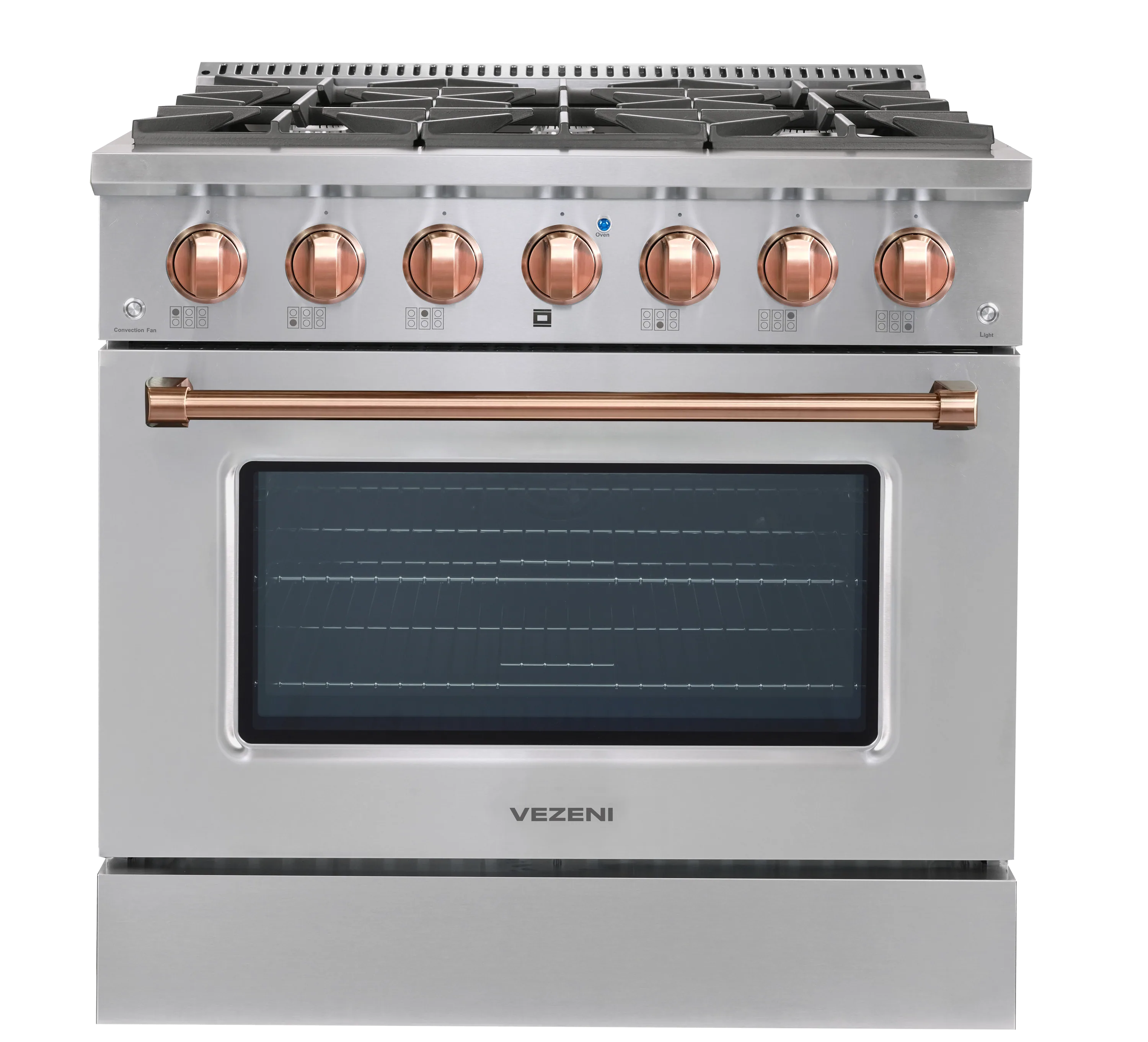 36-inch stainless steel gas range with rose gold control knobs and oven door window