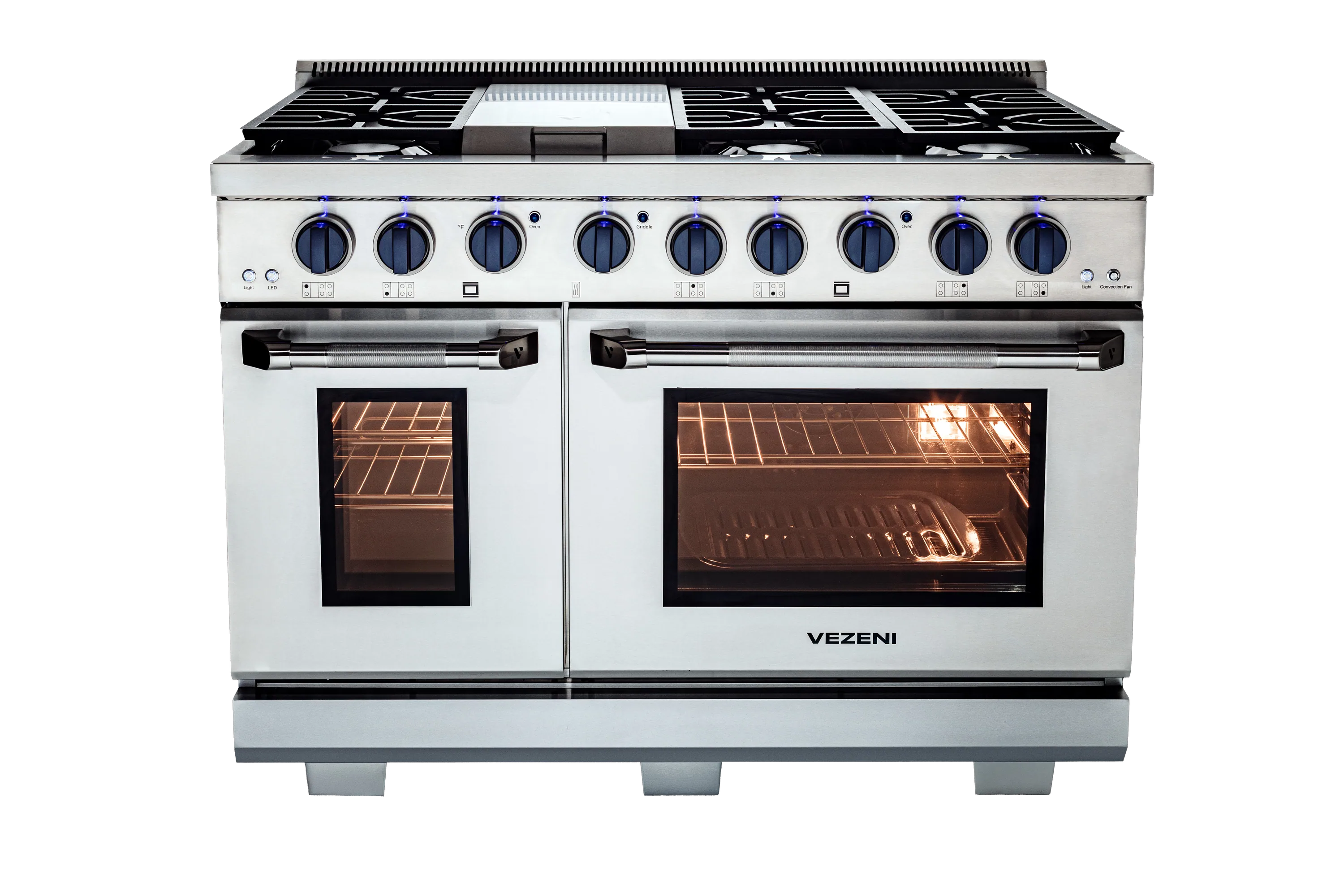 Stainless steel gas range with blue knobs and burners on cooktop