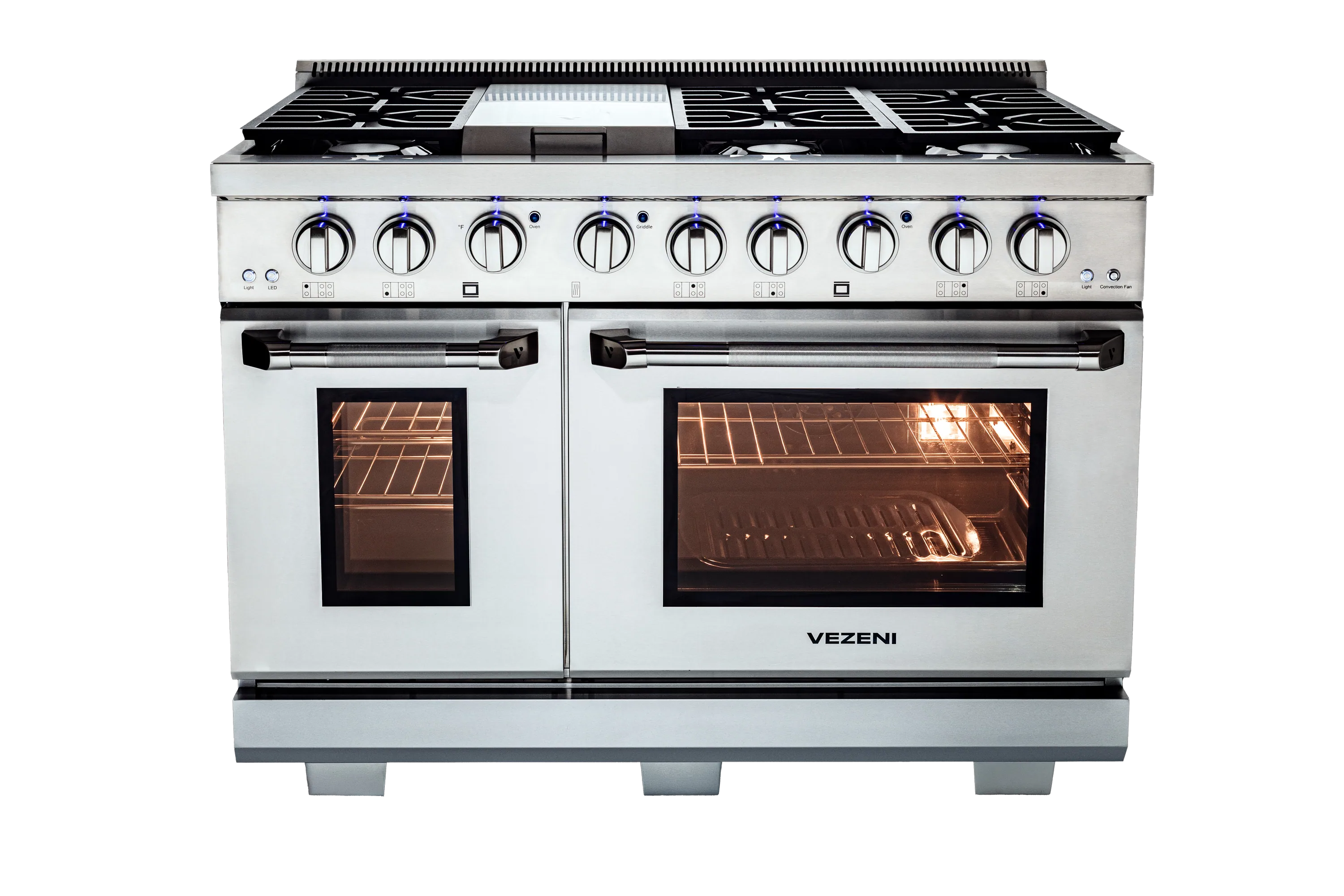 Stainless gas range with black cooktop grates and two oven windows, front view.