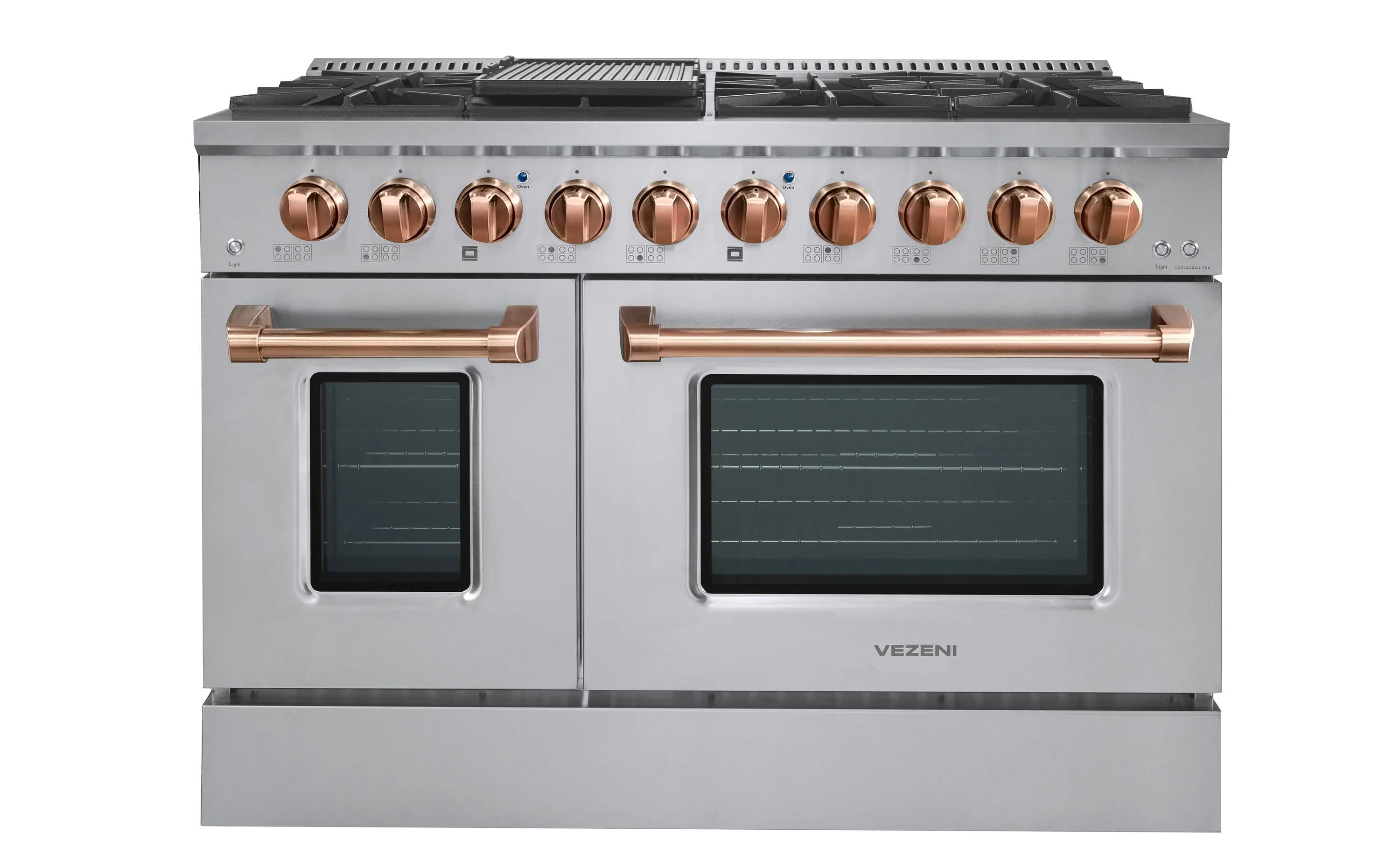 Stainless steel gas range front with rose gold burners and two glass oven doors