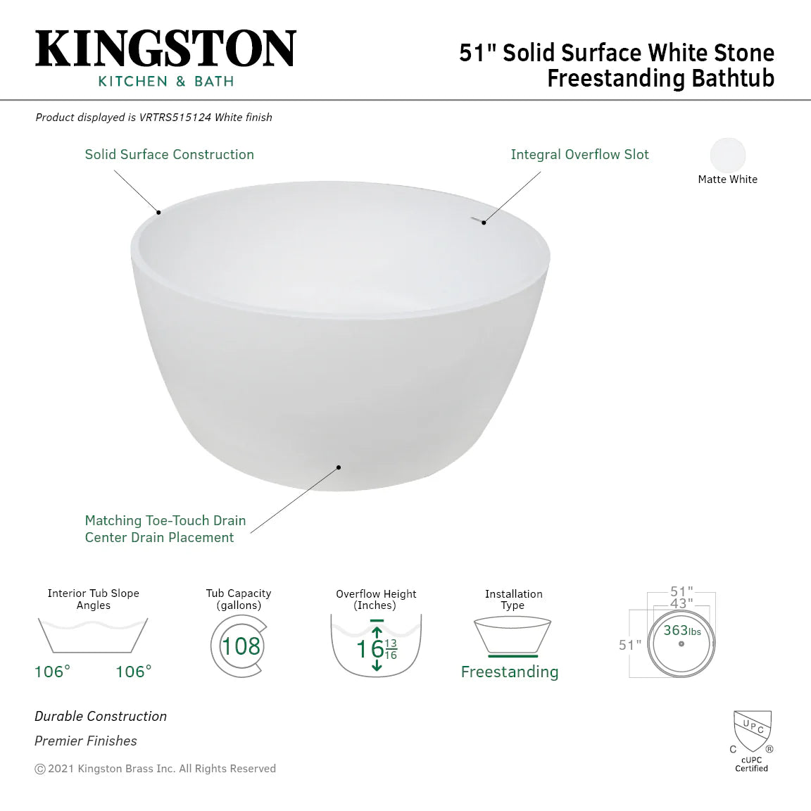 Matte white round freestanding soaking tub, top view with smooth rim