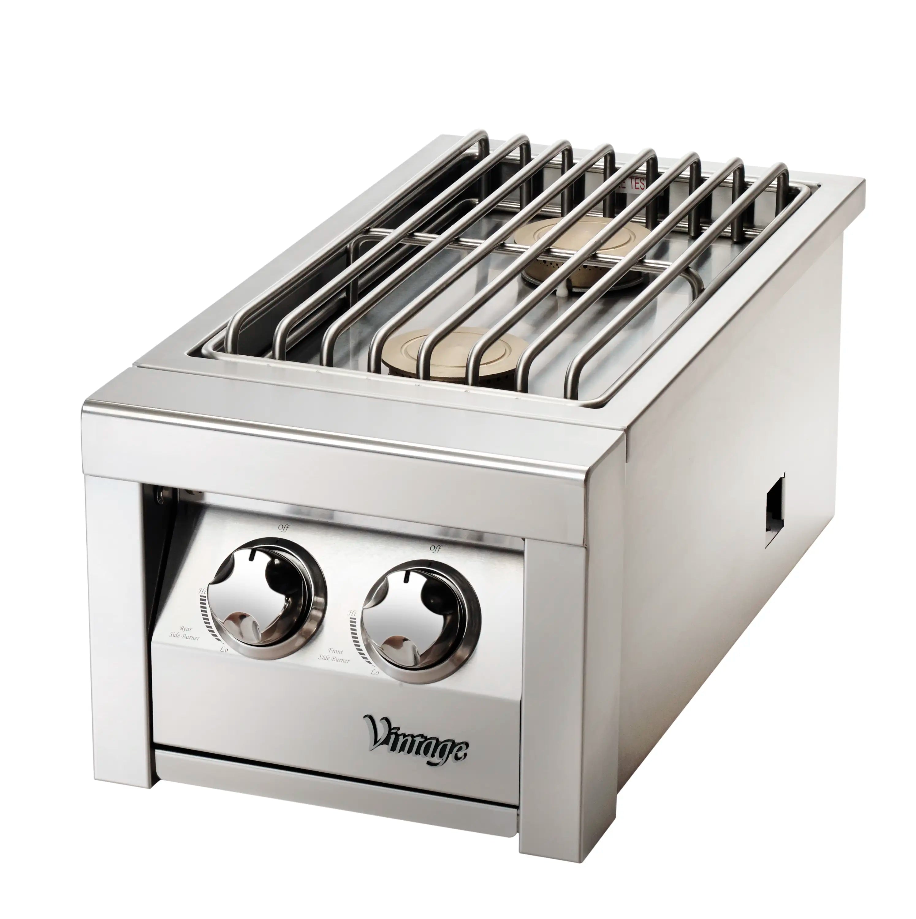 Stainless steel natural gas double side burner with two control knobs and grate