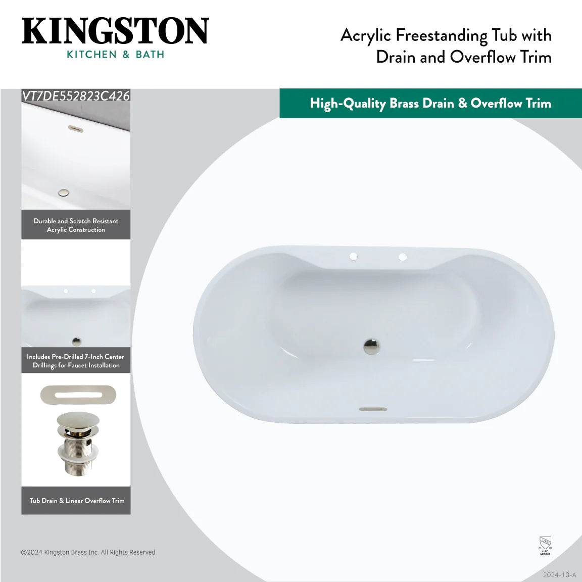 Glossy white oval freestanding acrylic tub with brass drain and overflow trim