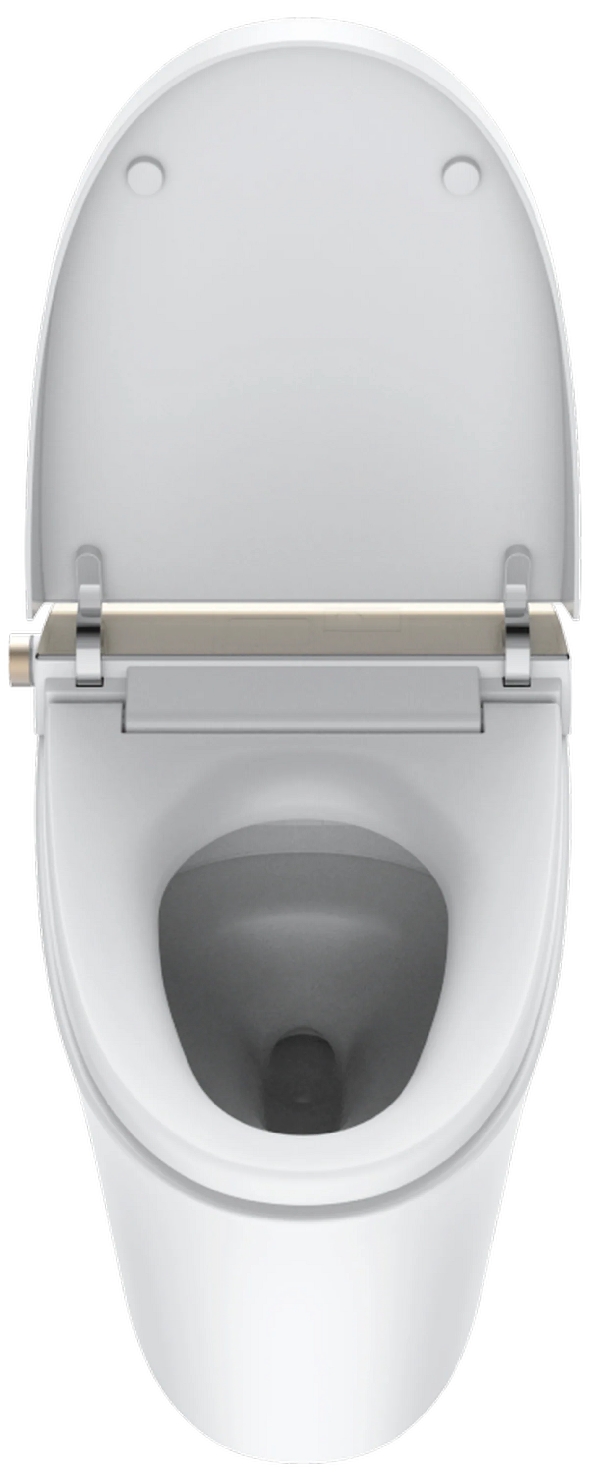 Smart toilet with open lid, white body and dark seat, gold accent hinges