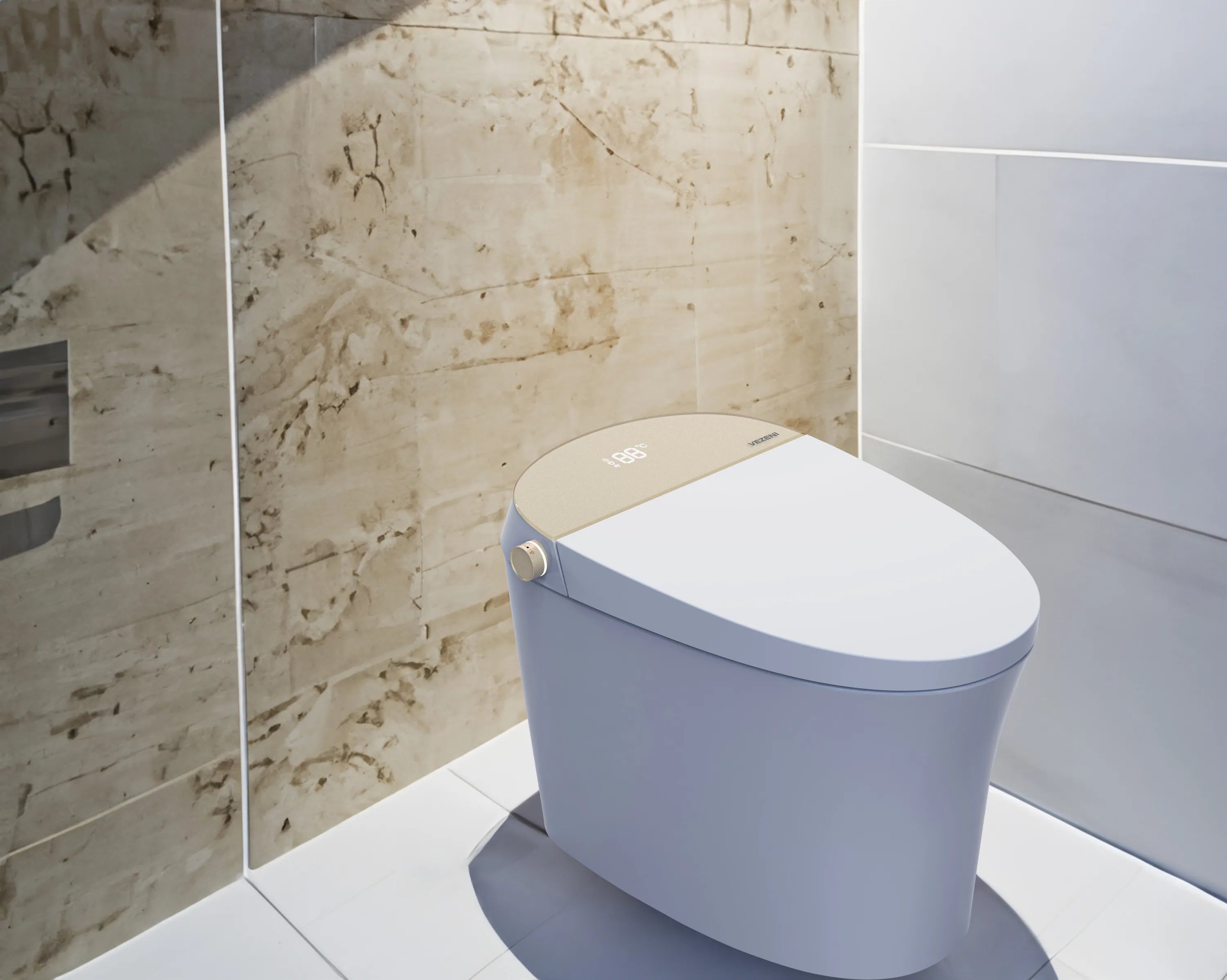 Smart toilet in white with beige lid panel and gold accent knob, angled view