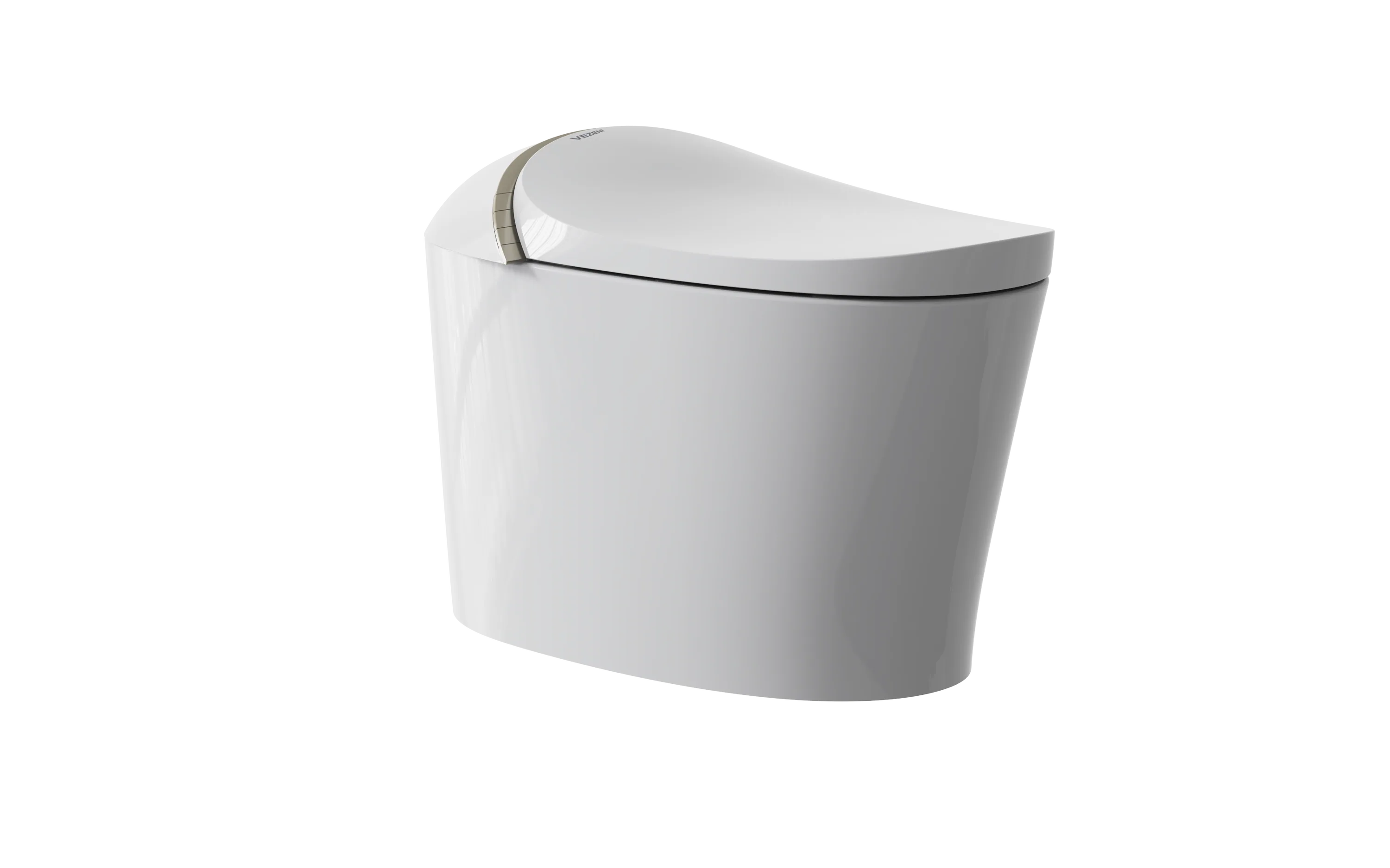White smart toilet angled view with glossy lid and gold trim detail