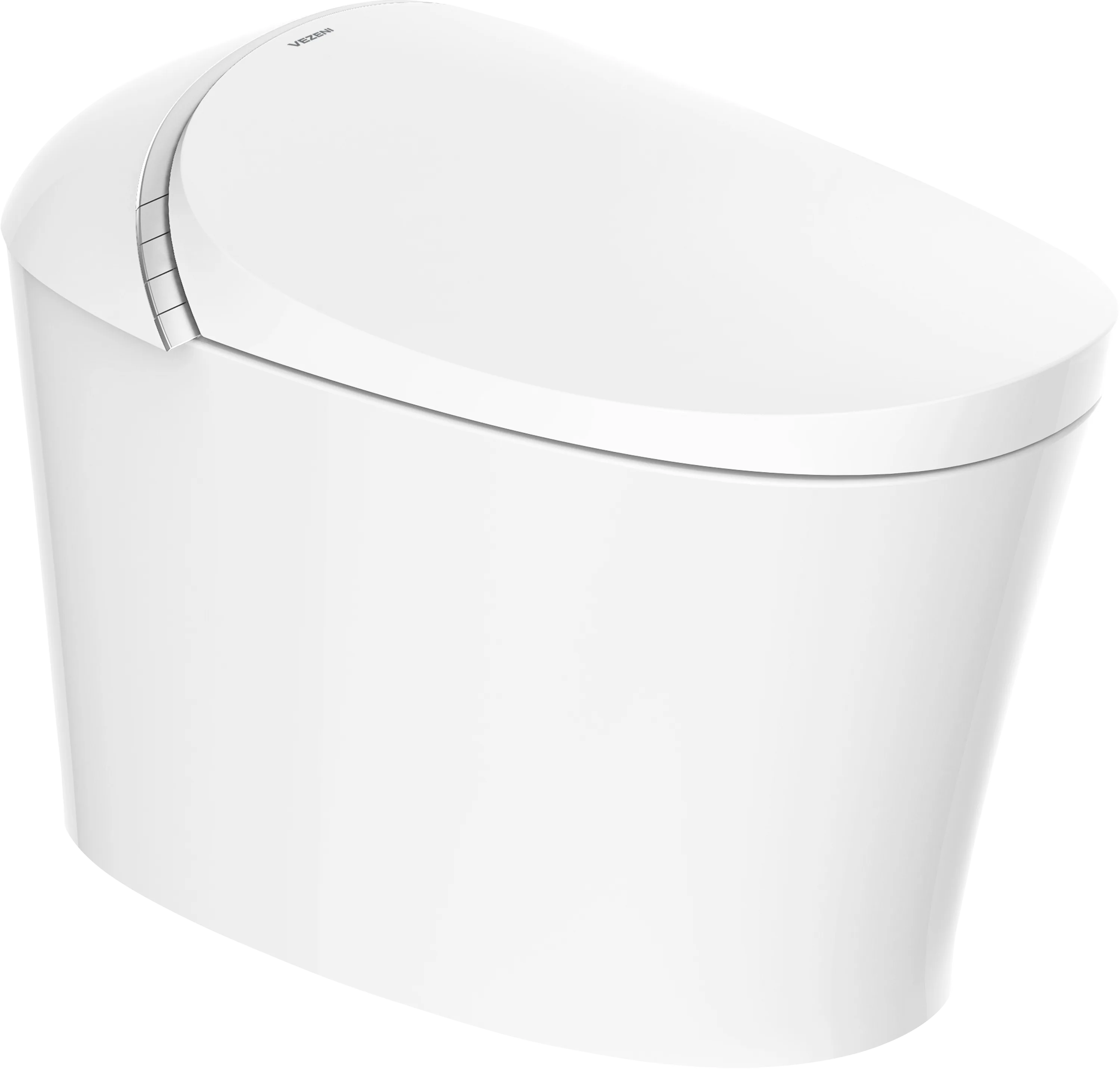 White smart toilet with curved tank lid and glossy seat cover