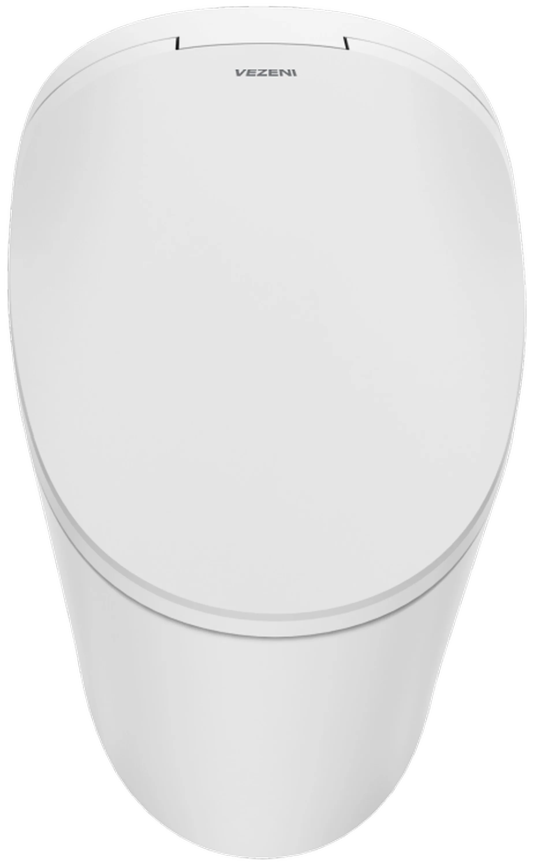 Smart toilet with closed lid and seat, front view, Vezeni logo on tank