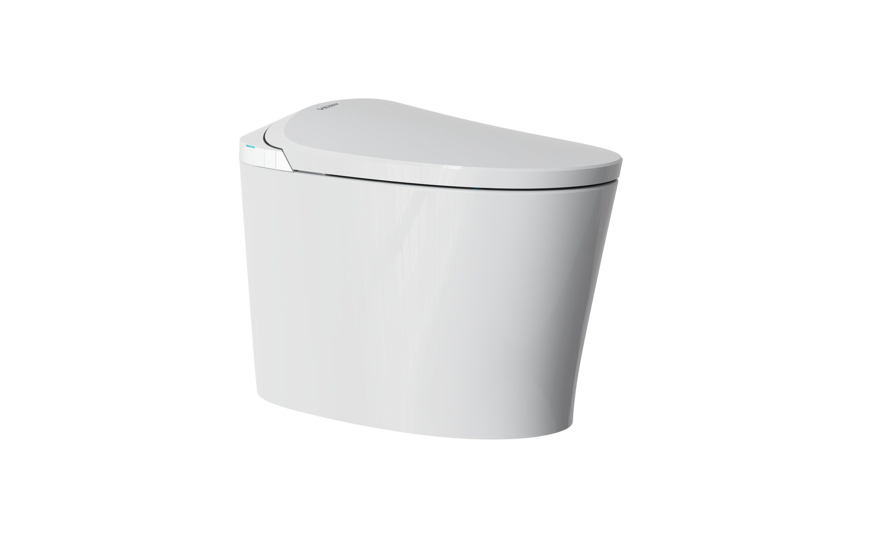 White smart toilet with closed lid, angled 3D view