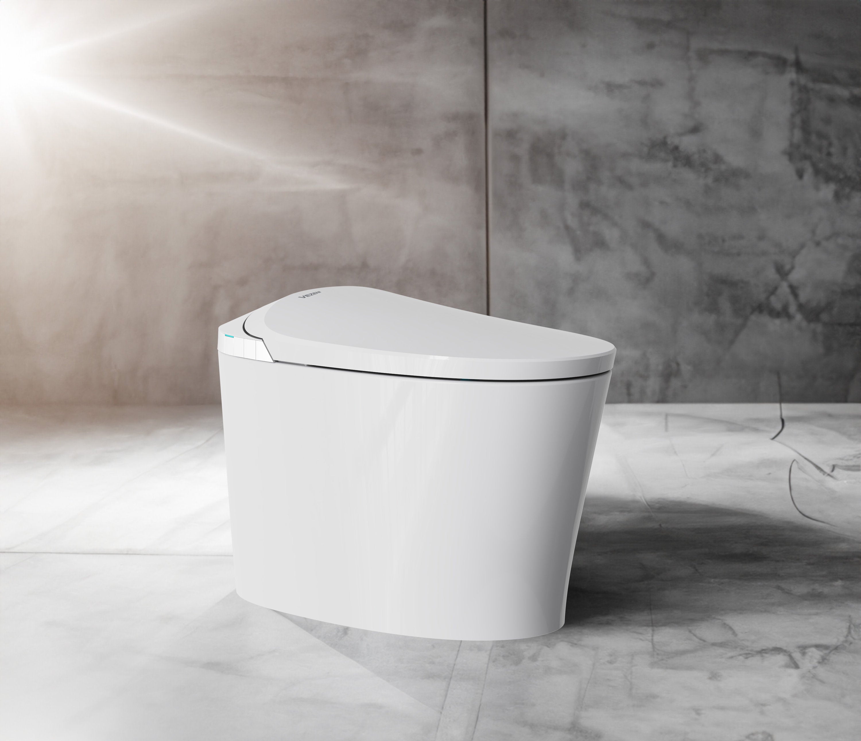 White smart toilet with closed lid, front angled view
