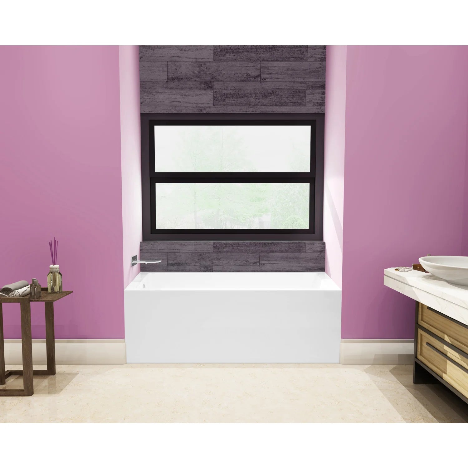 Glossy white alcove bathtub installed in bathroom with tiled surround and apron.