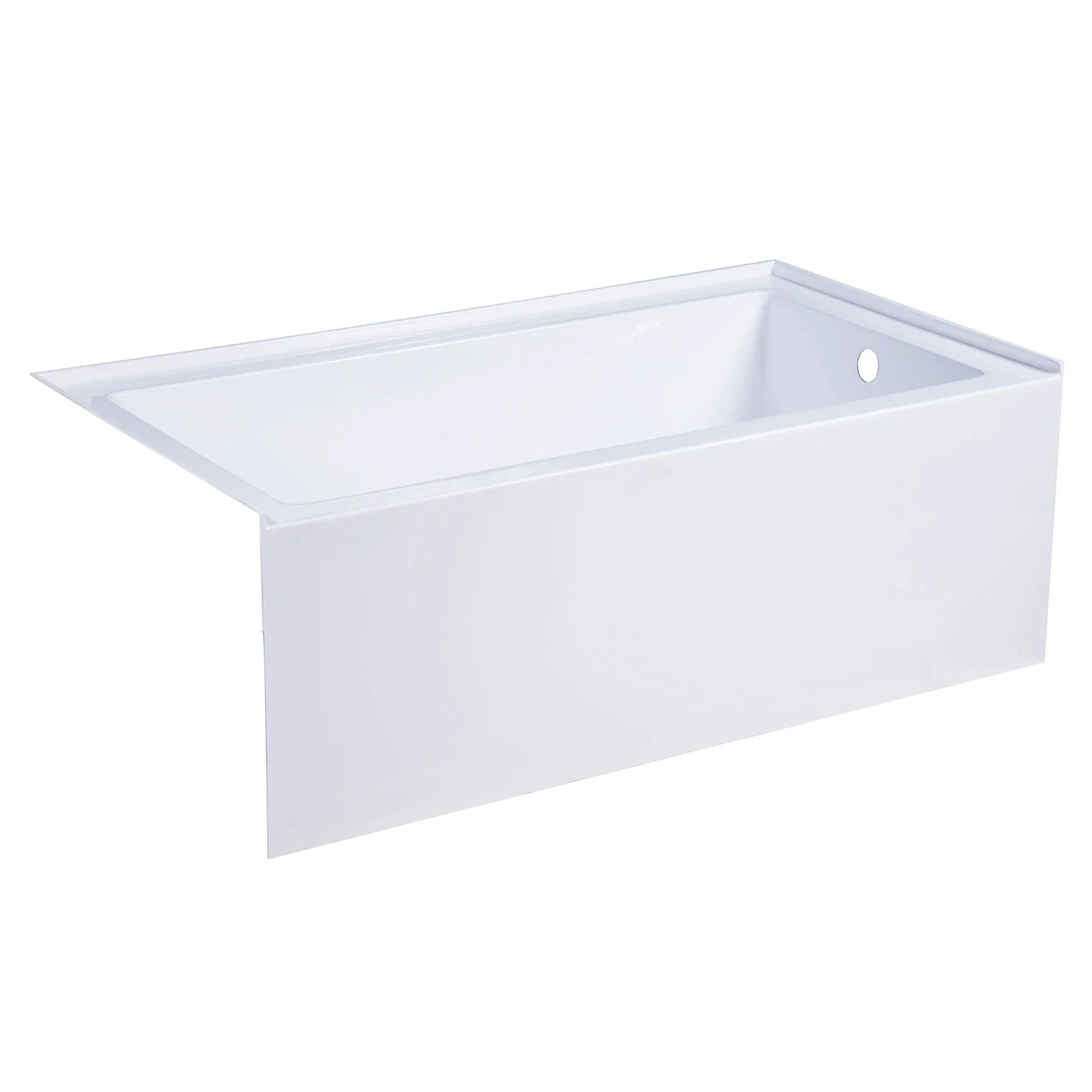 Glossy white rectangular acrylic alcove bathtub with corner interior and overflow opening