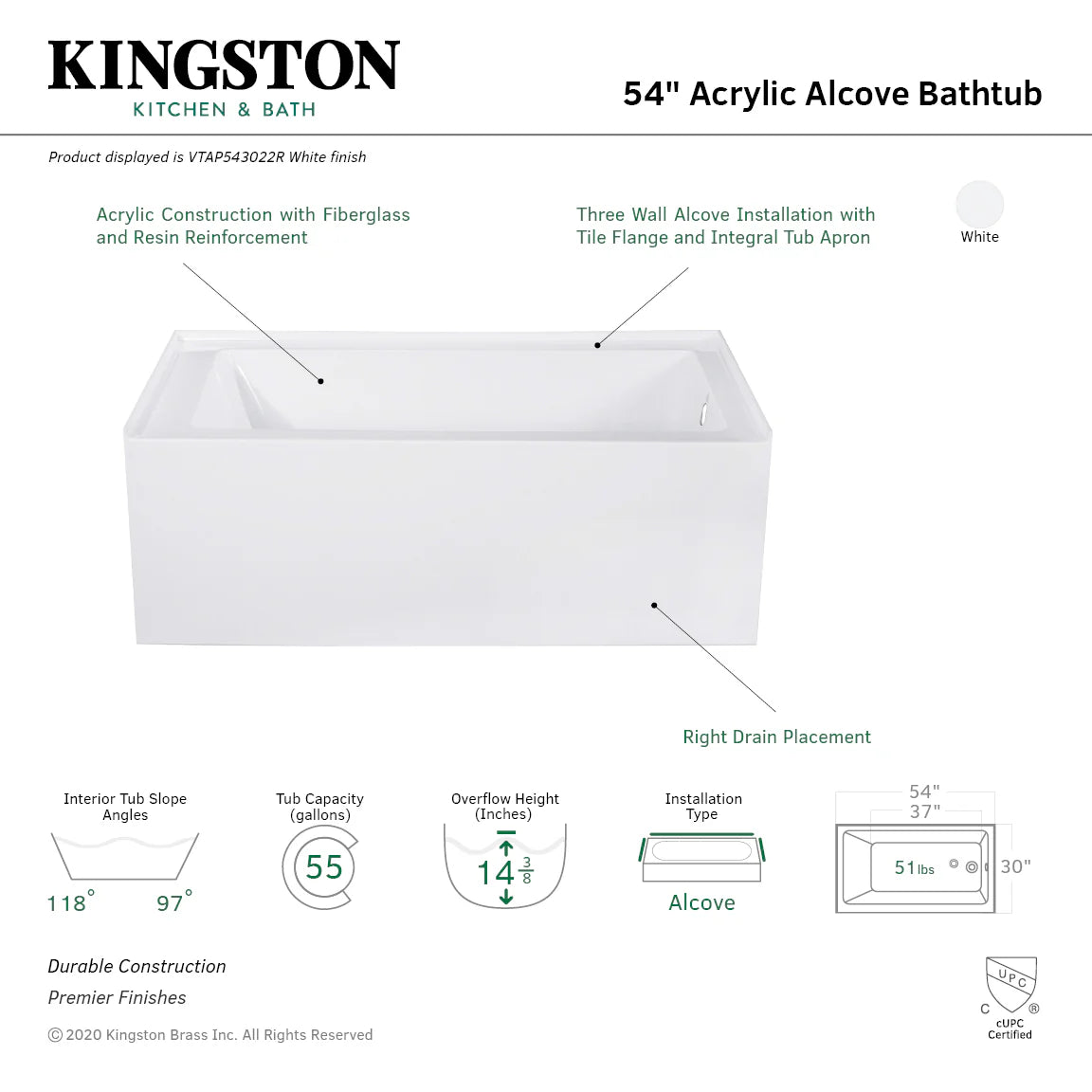 54 in acrylic alcove bathtub diagram with right drain placement and three-wall surround