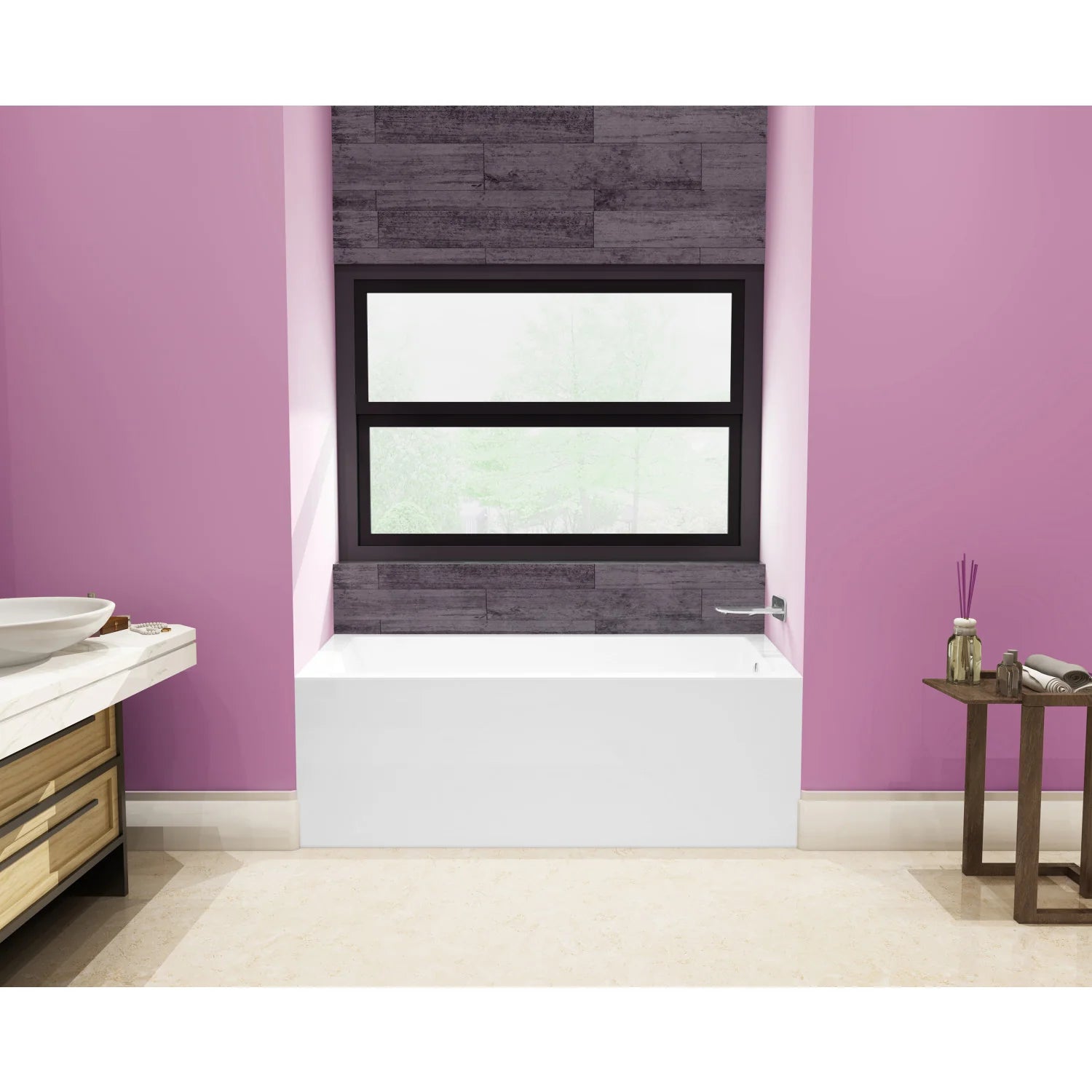 Glossy white acrylic alcove bathtub installed in alcove opening with front access