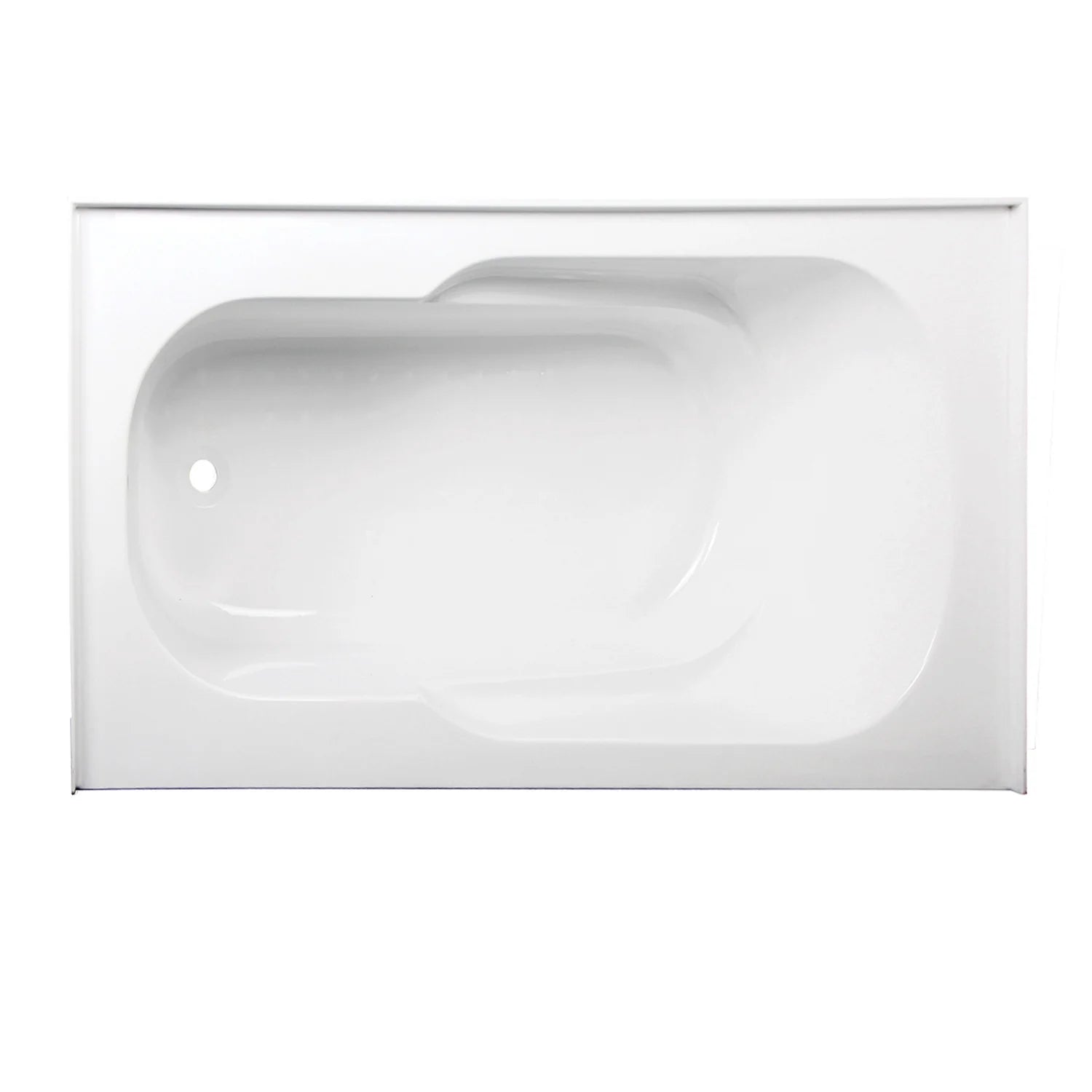 Top view of glossy white acrylic alcove tub with smooth rectangular basin