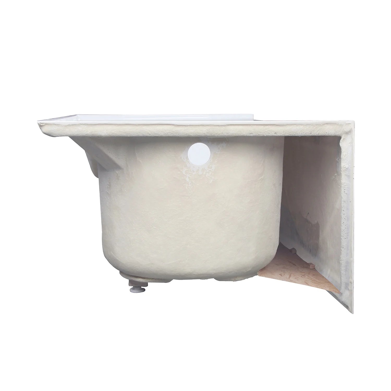 Side underside view of glossy white acrylic alcove tub with left-side drain outlet