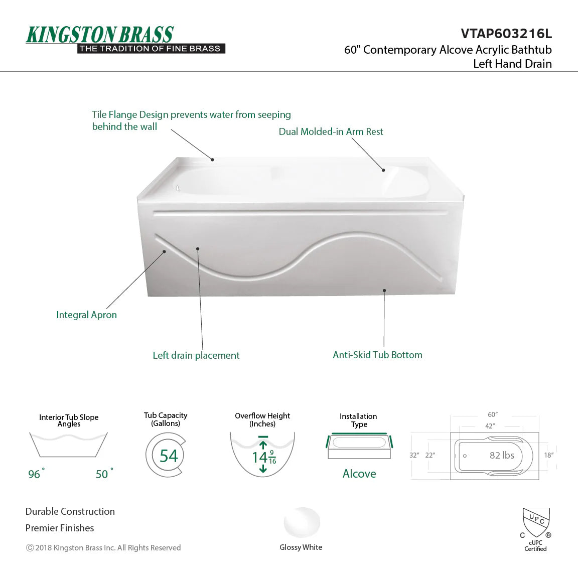 60-inch glossy white acrylic alcove bathtub with left drain and non-slip tub bottom