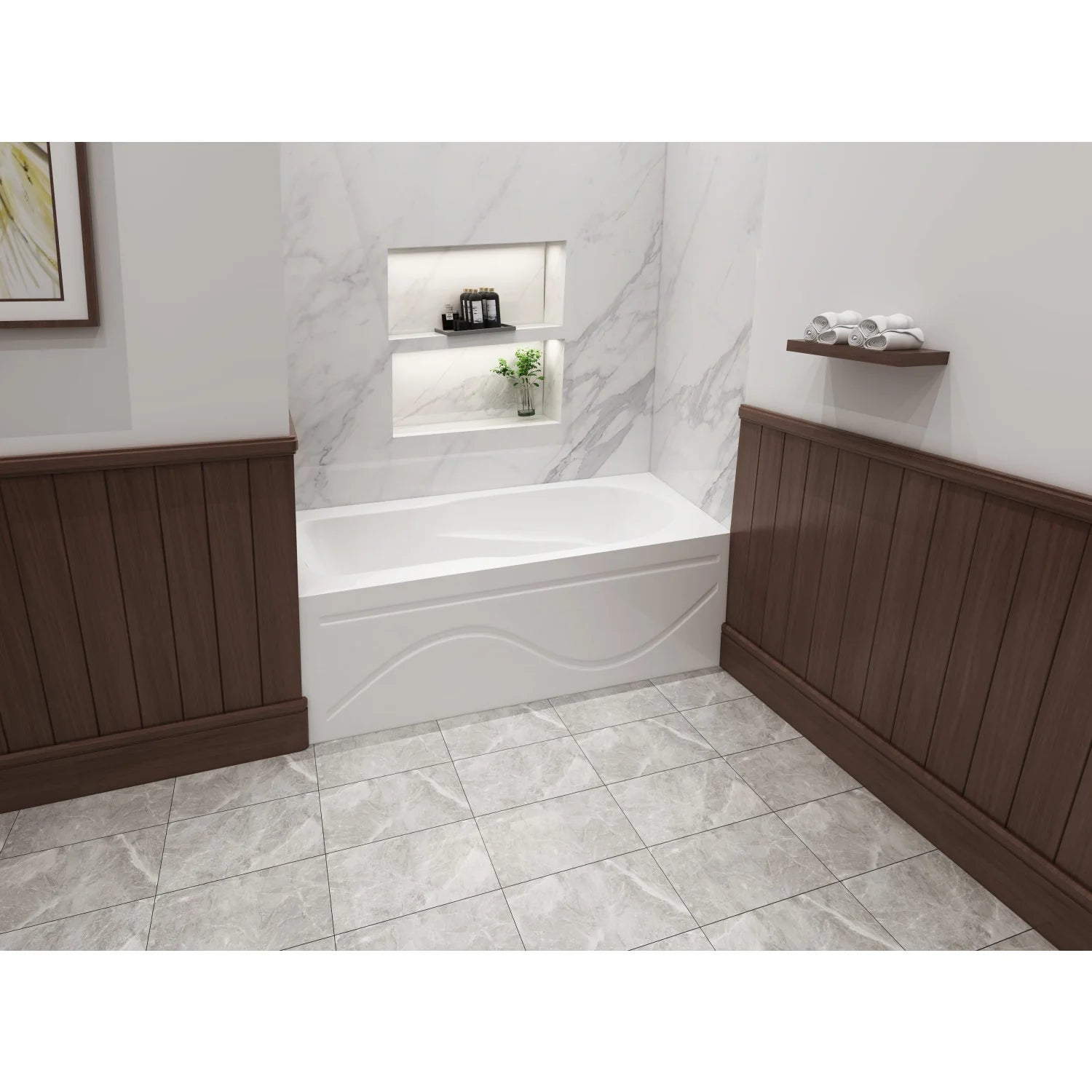 Glossy white acrylic alcove tub centerpiece with front apron in bathroom setting