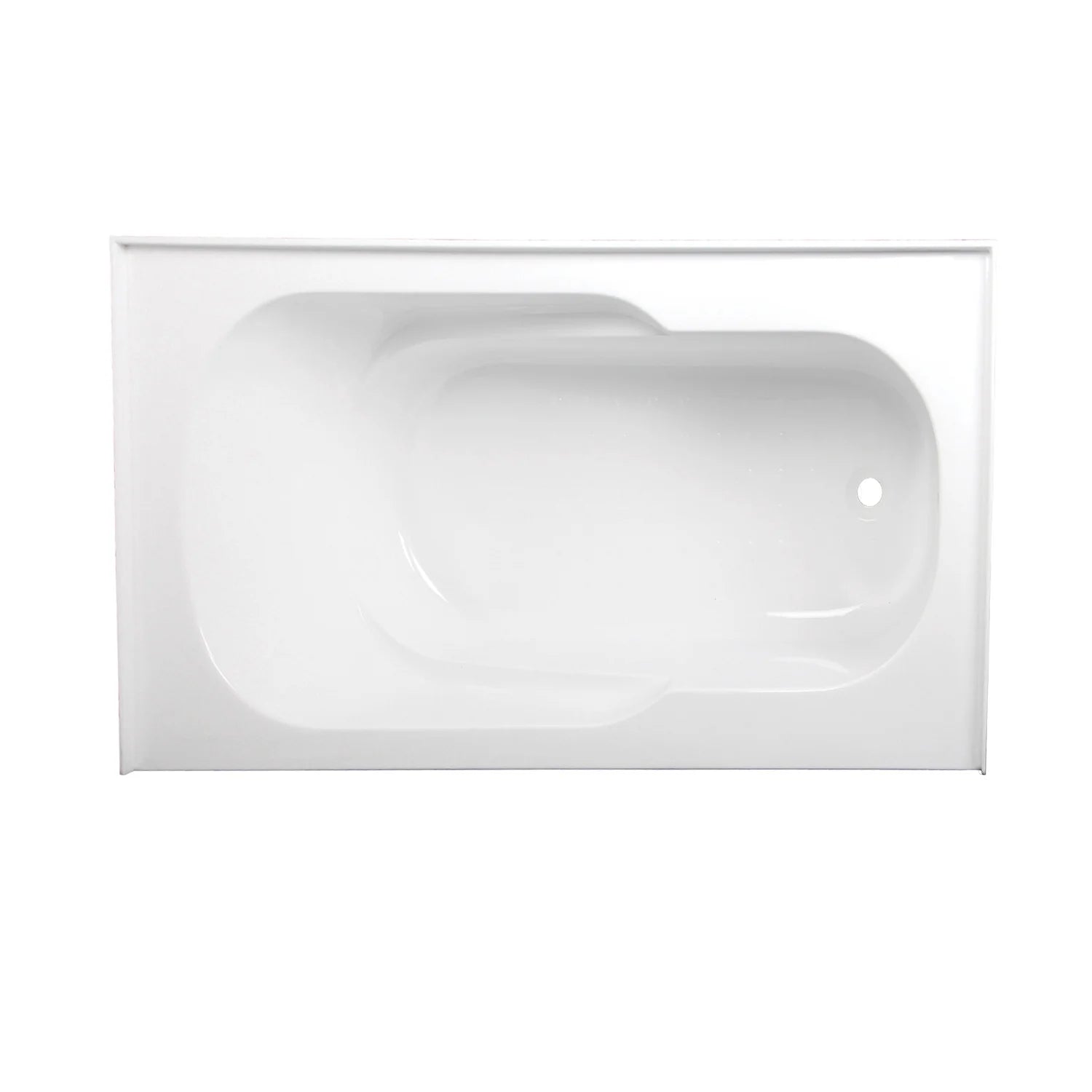 Glossy white acrylic rectangular alcove bathtub with integrated seat and drain opening