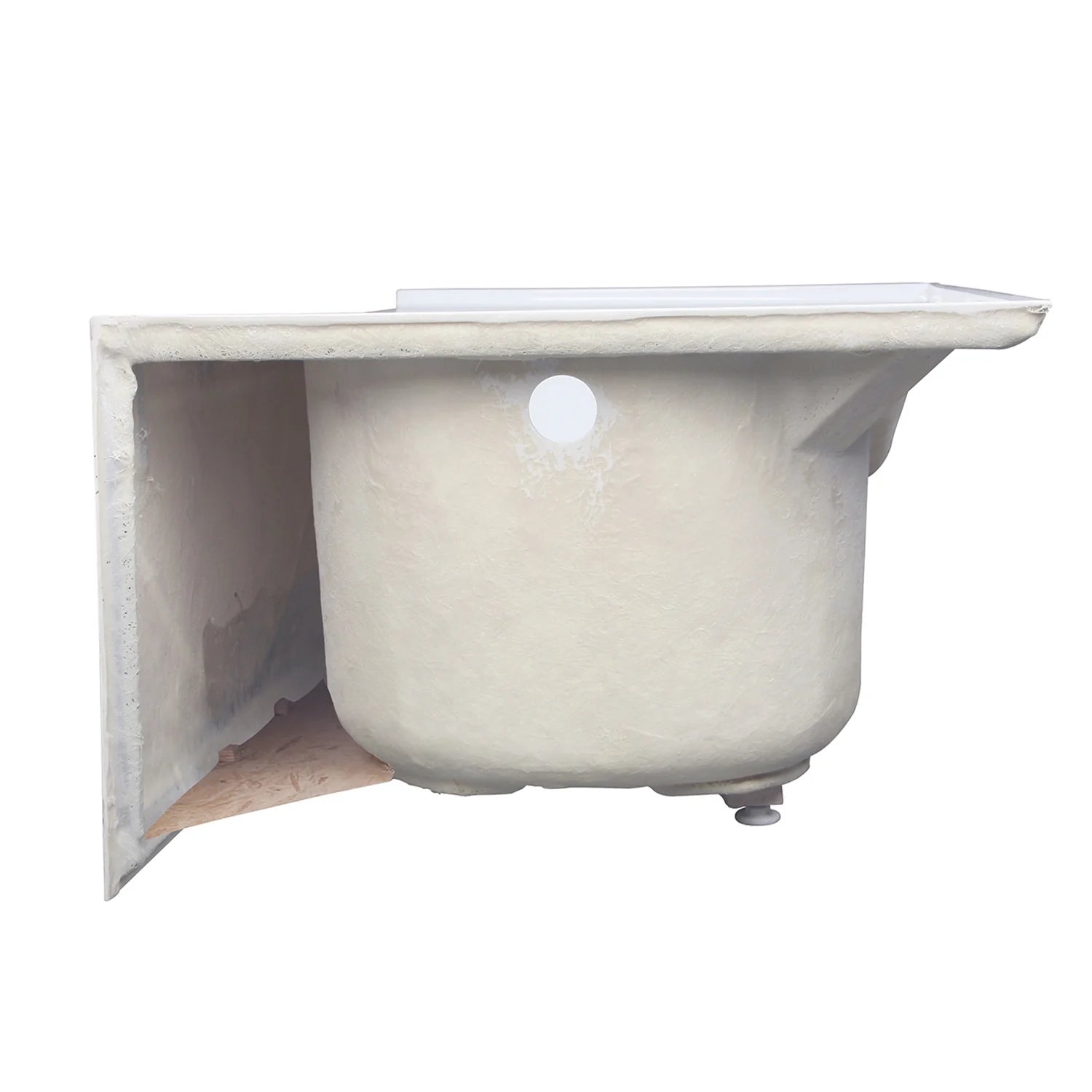 Glossy white acrylic alcove bathtub interior view with recessed area and drain outlet