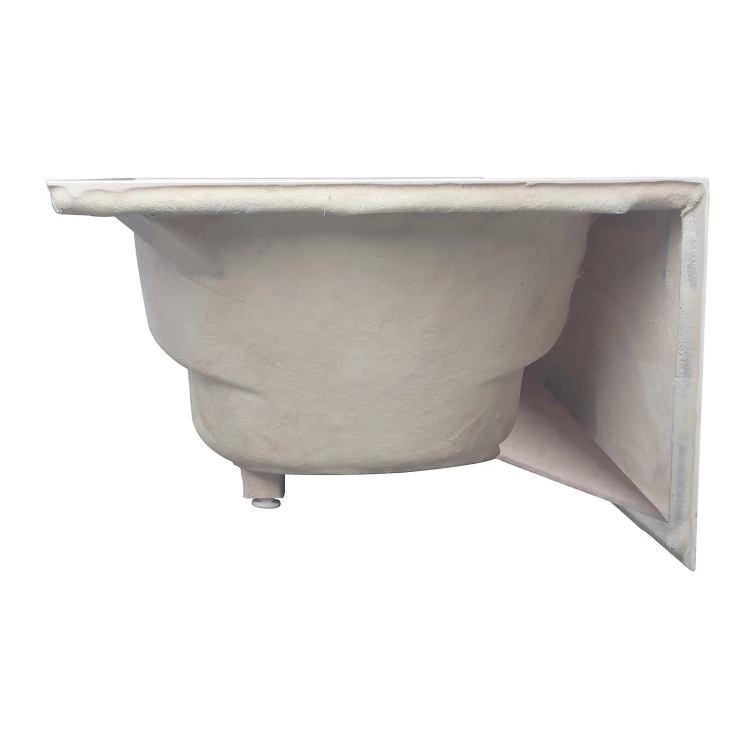 Glossy white acrylic alcove bathtub underside with corner access and drain connection opening