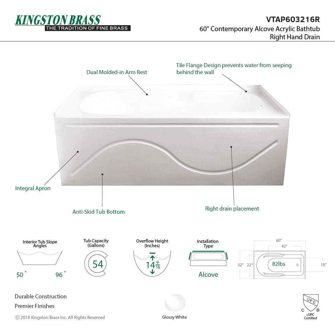 Glossy white 60-inch acrylic alcove bathtub with right-hand drain and anti-skid bottom