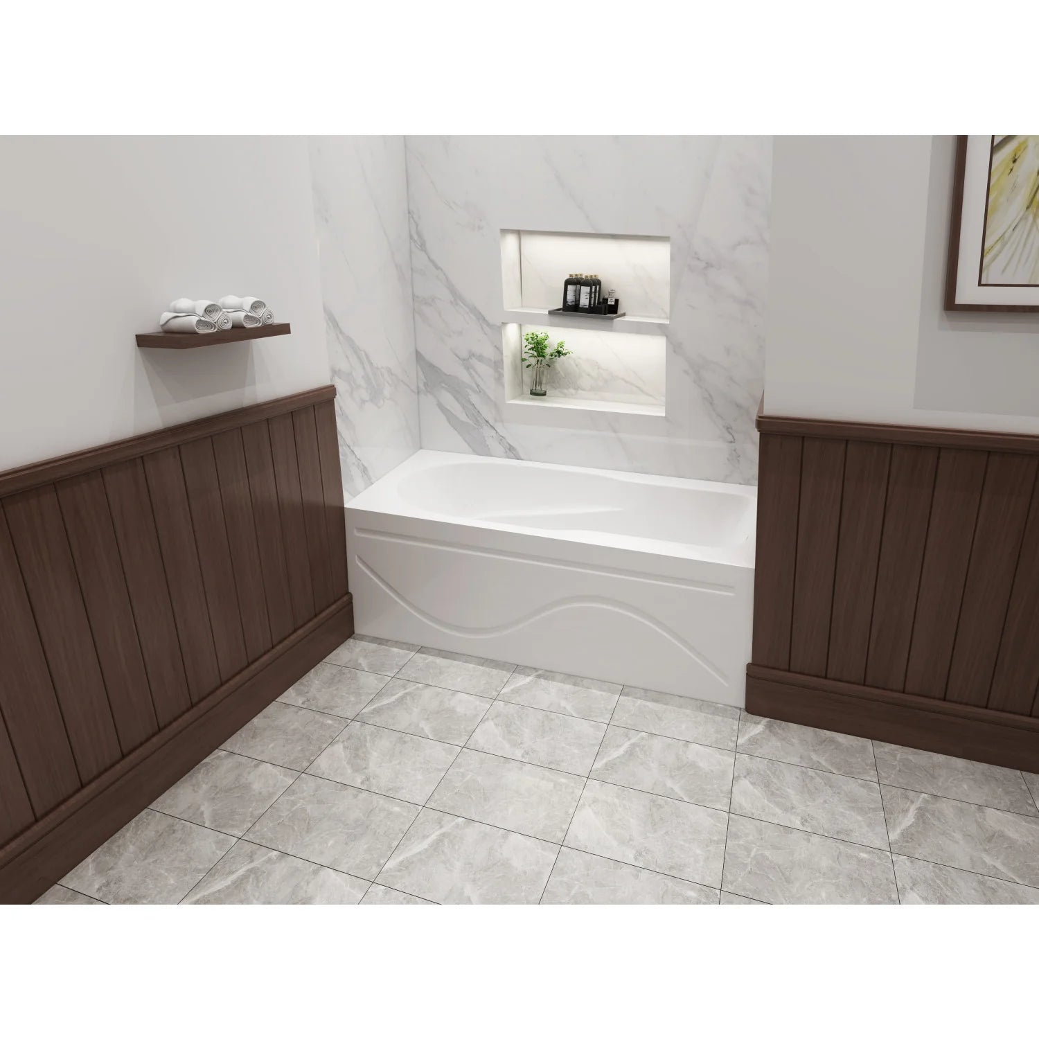 Glossy white acrylic alcove bathtub in a surround with rounded apron front and rectangular rim