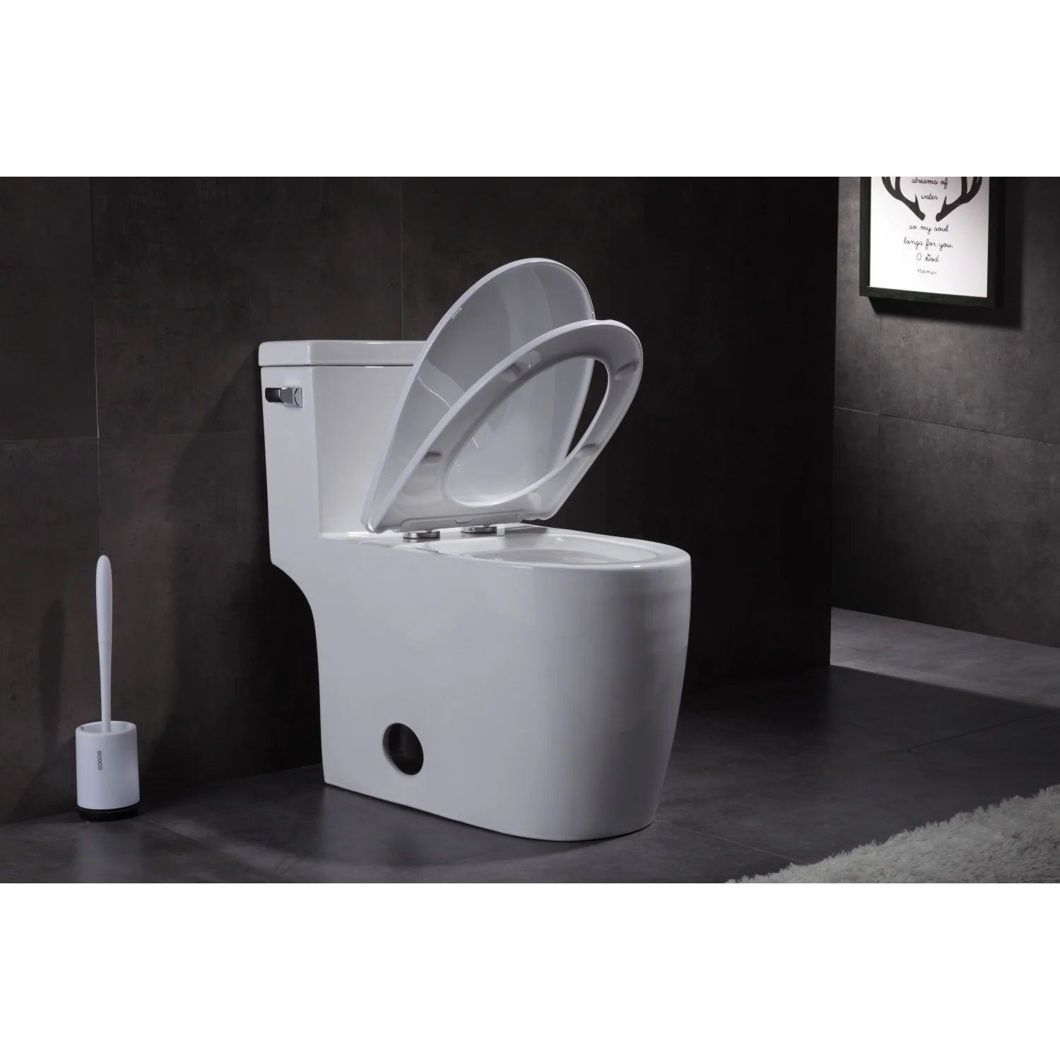 One-piece elongated toilet in white with open seat and open lid