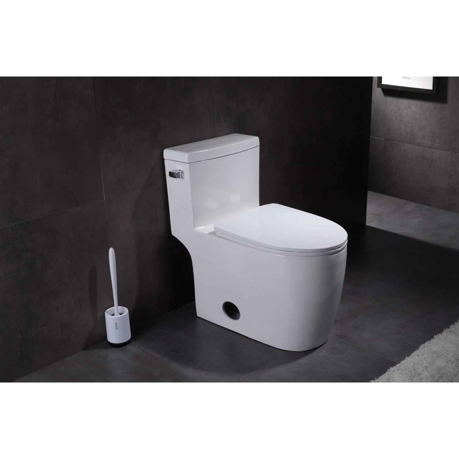 One-piece elongated toilet in white with side front cutout and closed lid
