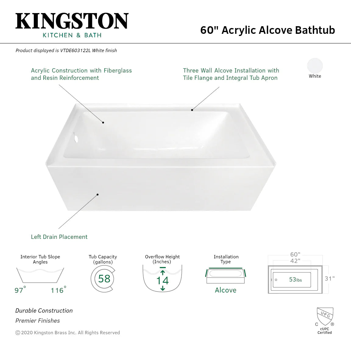 Glossy white acrylic alcove bathtub with left-side drain shown