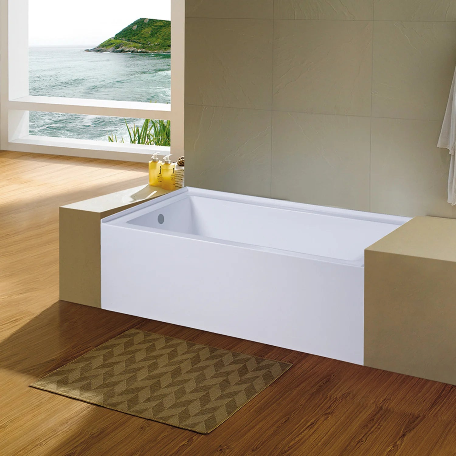 White acrylic rectangular alcove bathtub installed in a corner alcove
