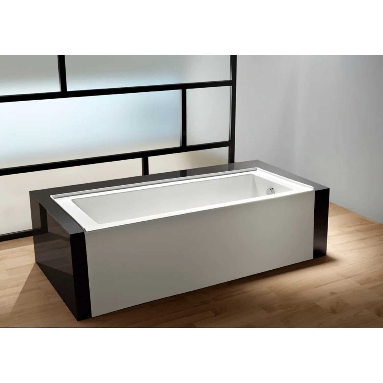 Rectangular glossy white acrylic alcove bathtub with dark exterior panel