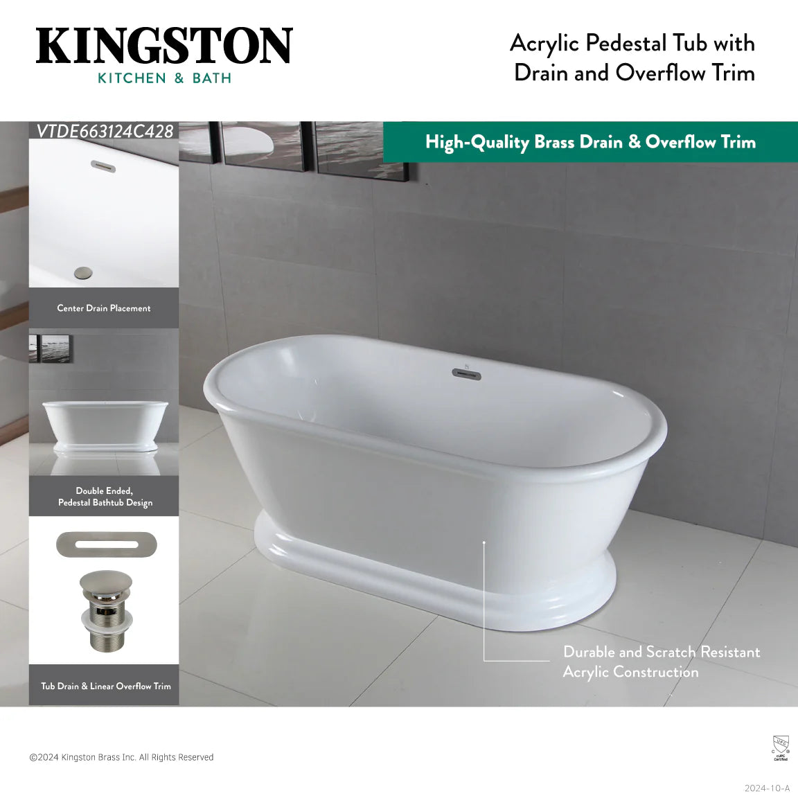 Glossy white acrylic pedestal tub with antique brass drain and overflow trim