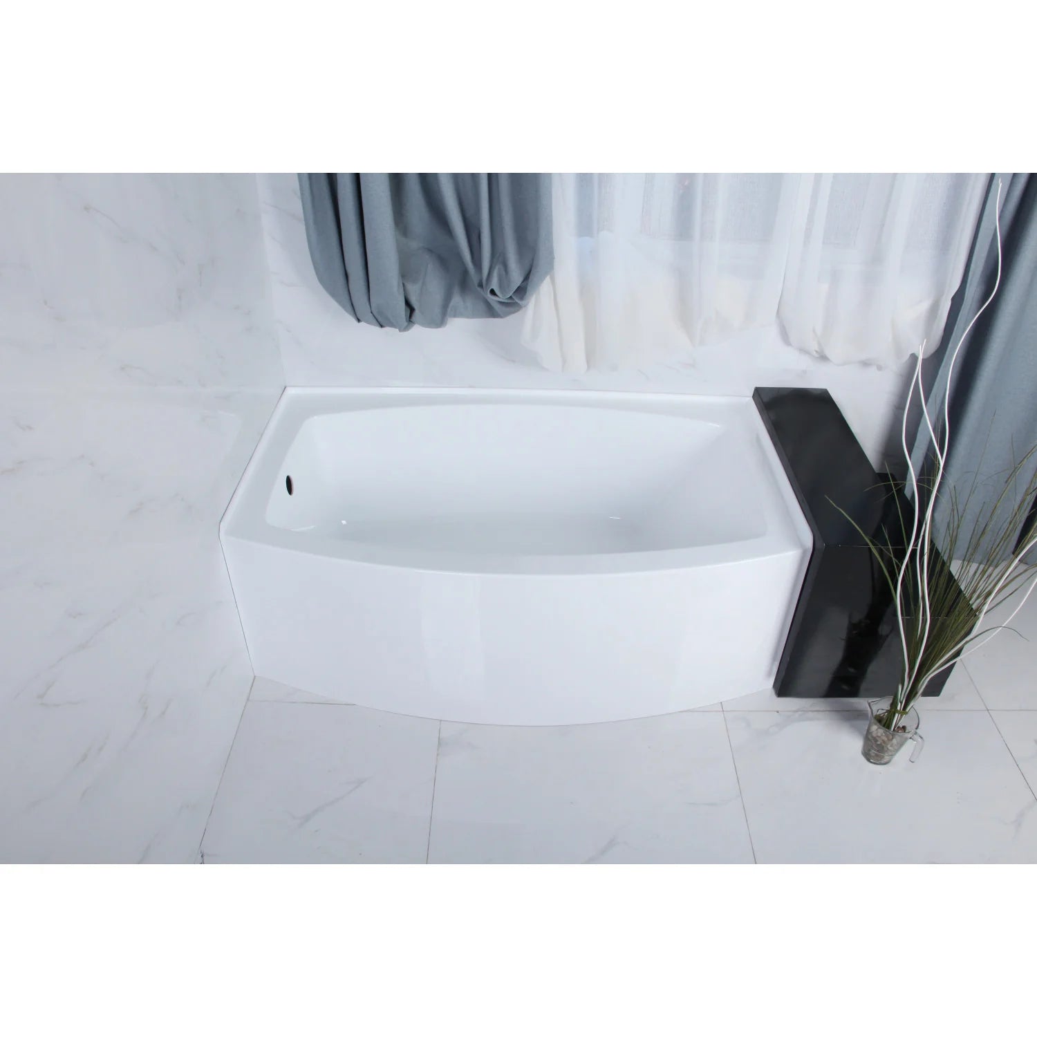 Glossy white rectangular alcove bathtub with left-side drain hole, finished acrylic