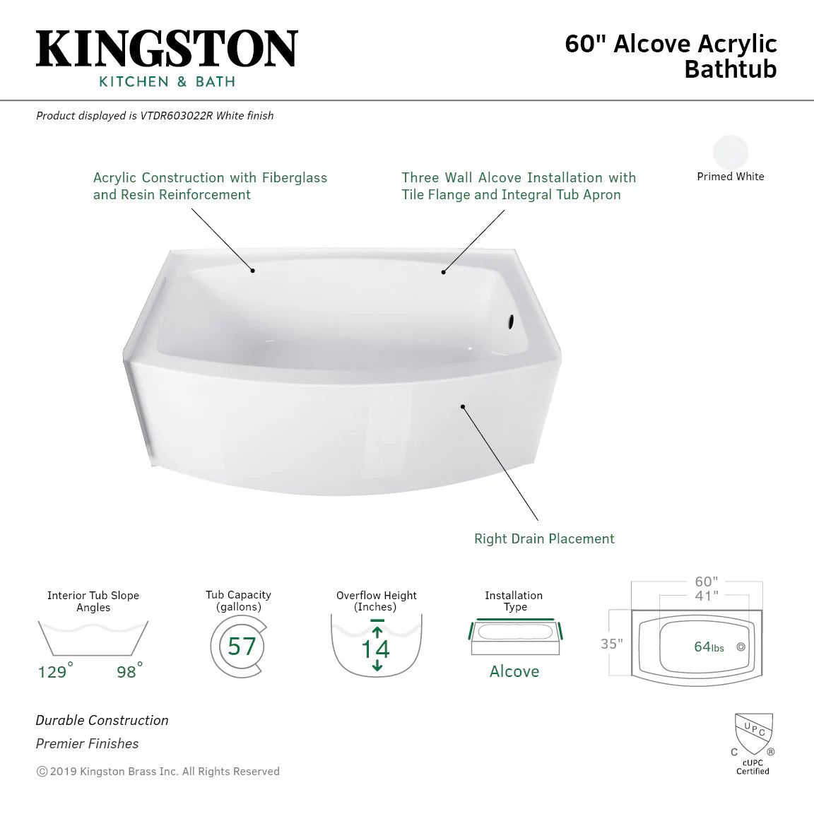 Glossy white acrylic 3-wall alcove bathtub with right-side drain hole, rectangular tub