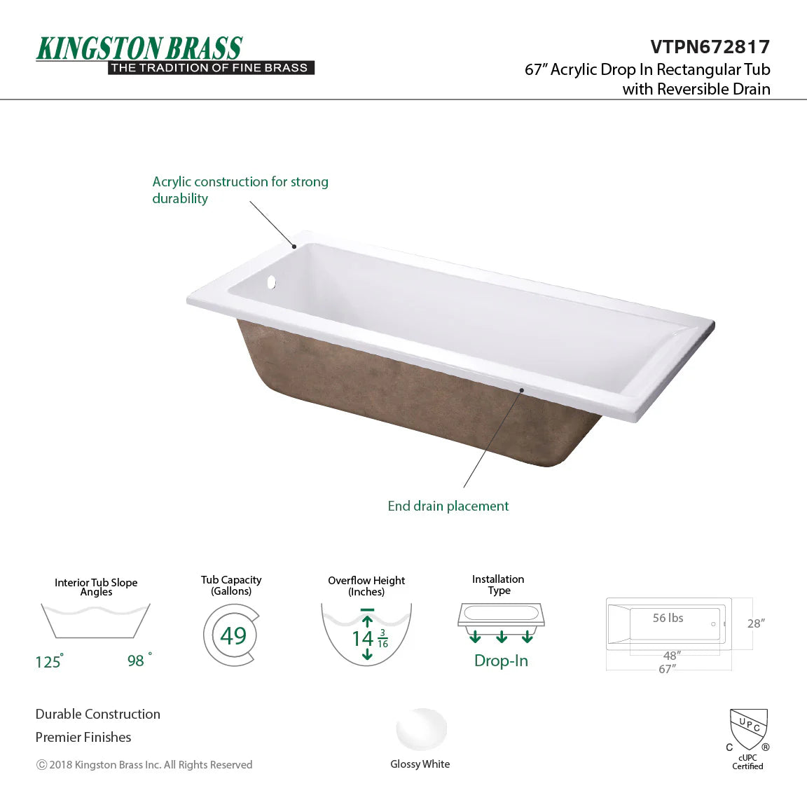 Glossy white rectangular drop-in acrylic tub, underside visible, drain opening