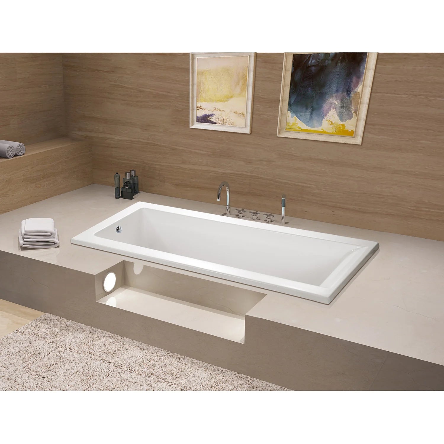 Glossy white rectangular drop-in acrylic tub installed in bathroom