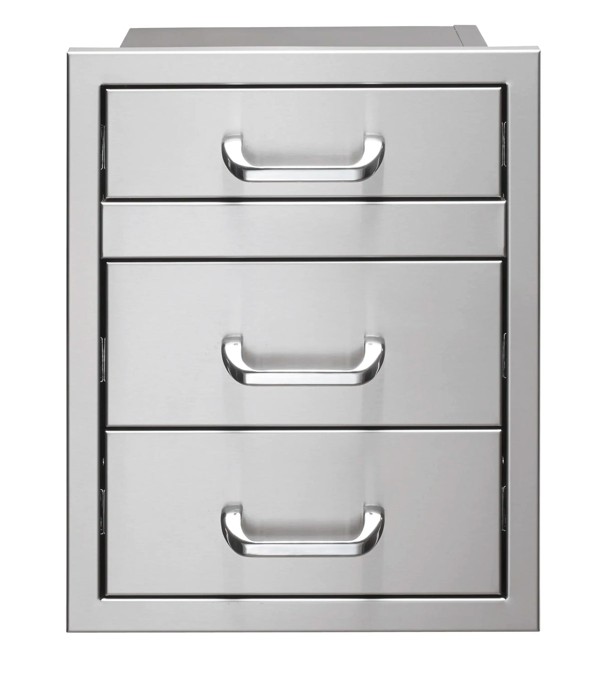 Gray vintage cabinet with three drawers and curved chrome handles for utensil storage