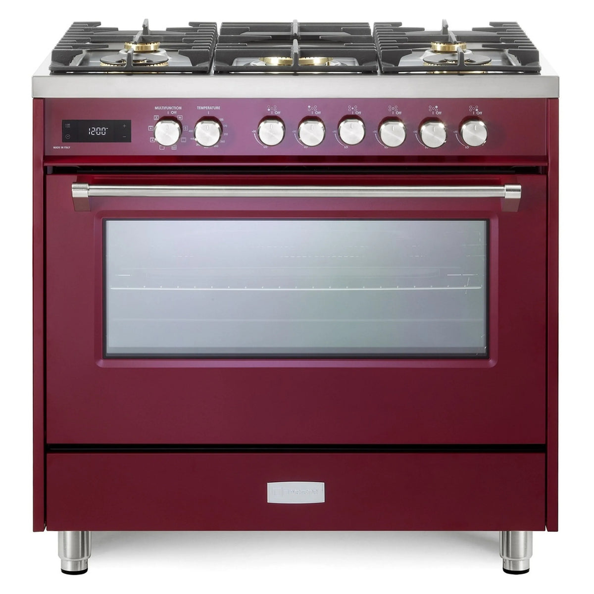 Front view of burgundy range with burner controls and glass oven door