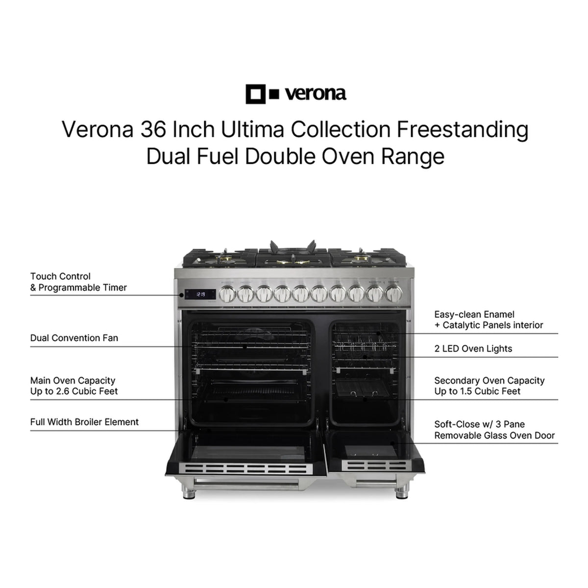 Verona Ultima Collection 36-Inch Double Oven Dual Fuel Range with 5 Brass Burners, 4.1 Cu. Ft. Total Oven Capacity in Stainless Steel (VUFSGE365DSS)