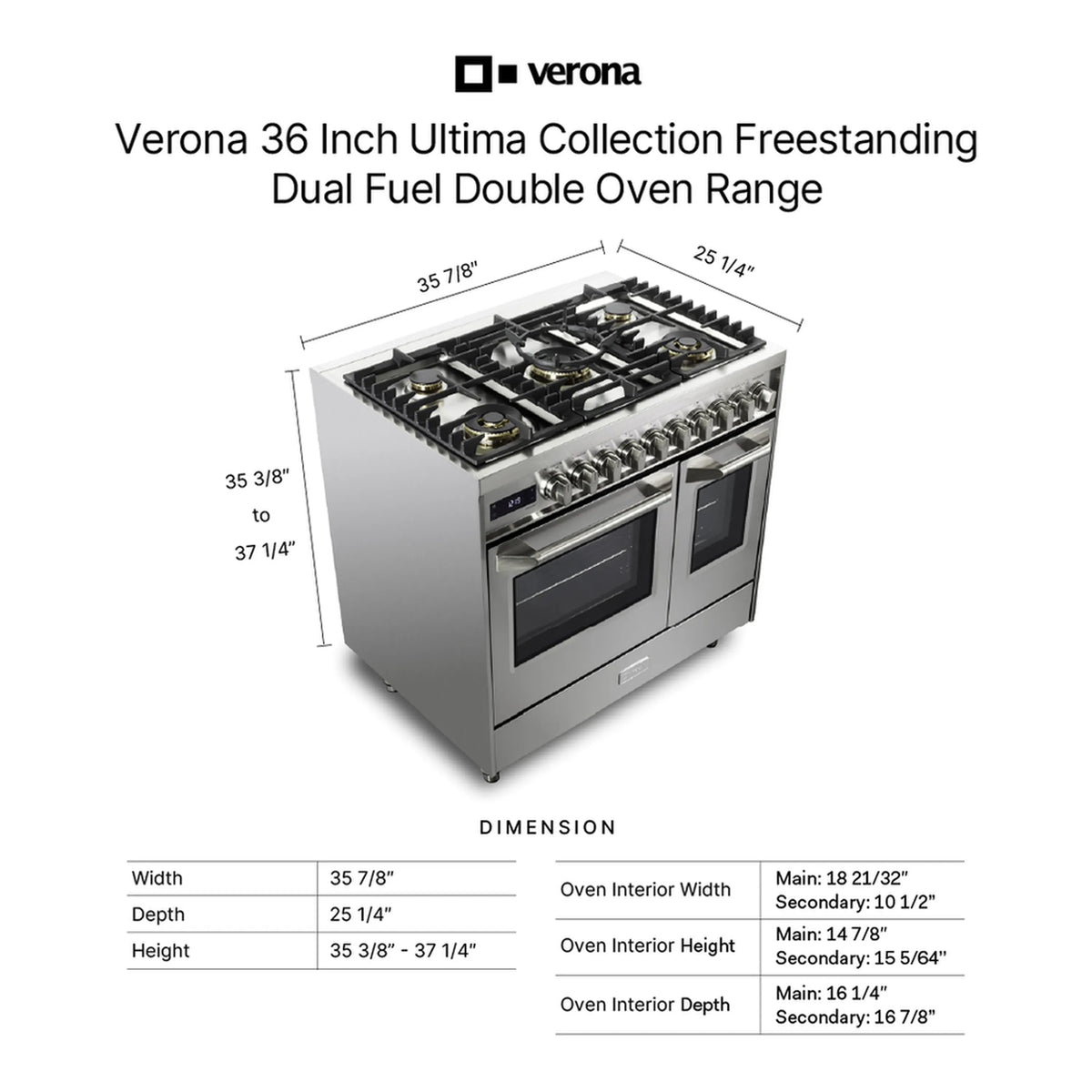 Verona Ultima Collection 36-Inch Double Oven Dual Fuel Range with 5 Brass Burners, 4.1 Cu. Ft. Total Oven Capacity in Stainless Steel (VUFSGE365DSS)
