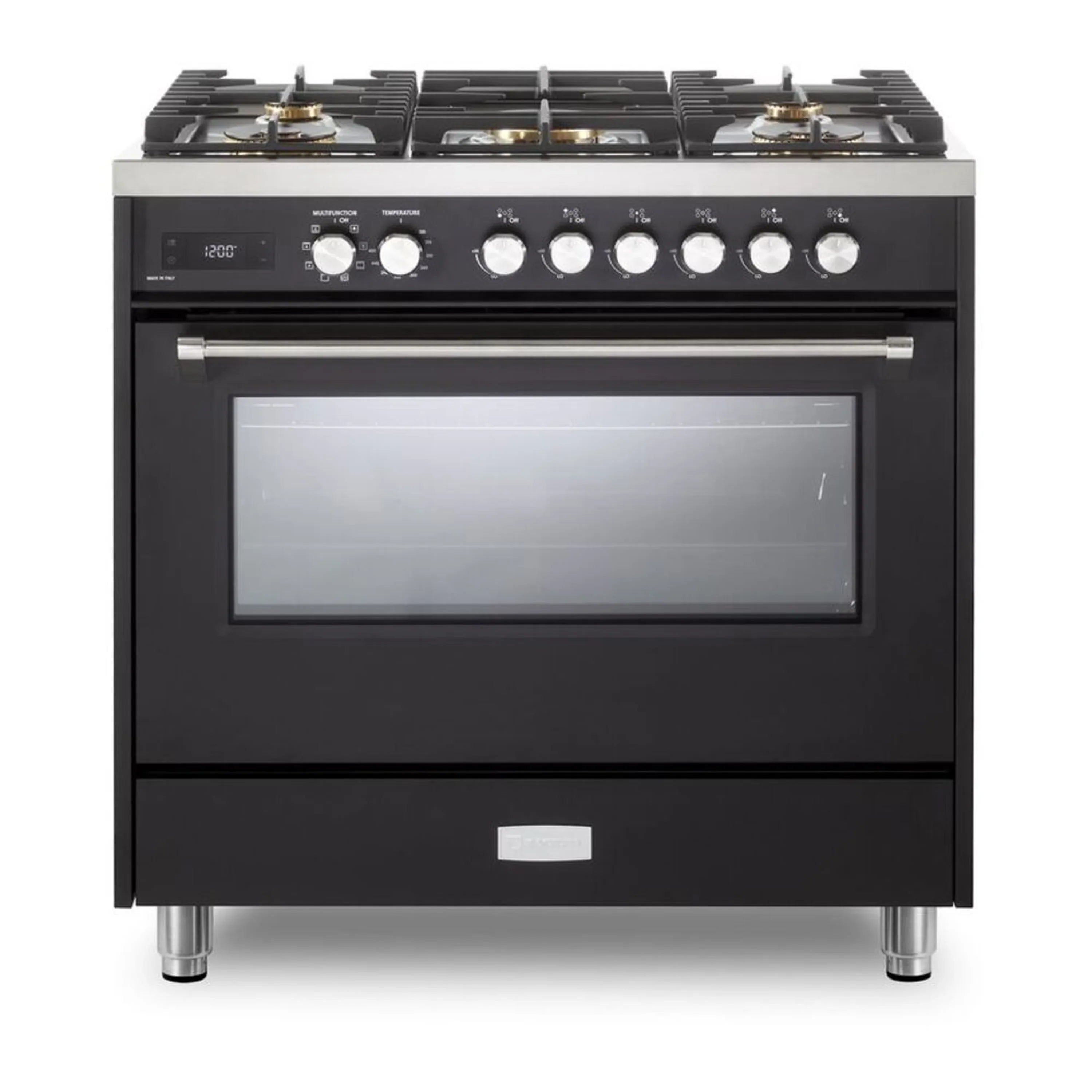 Black dual fuel range with 5 sealed burners and glass-front oven door