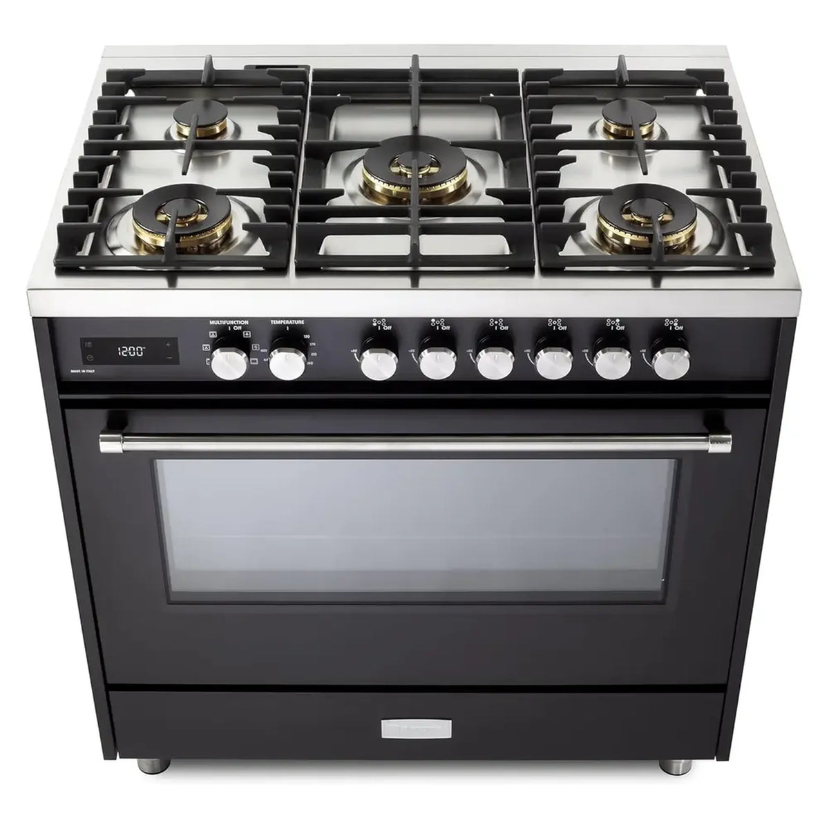 Matte black dual-fuel range top view showing 5 sealed burners and front control knobs