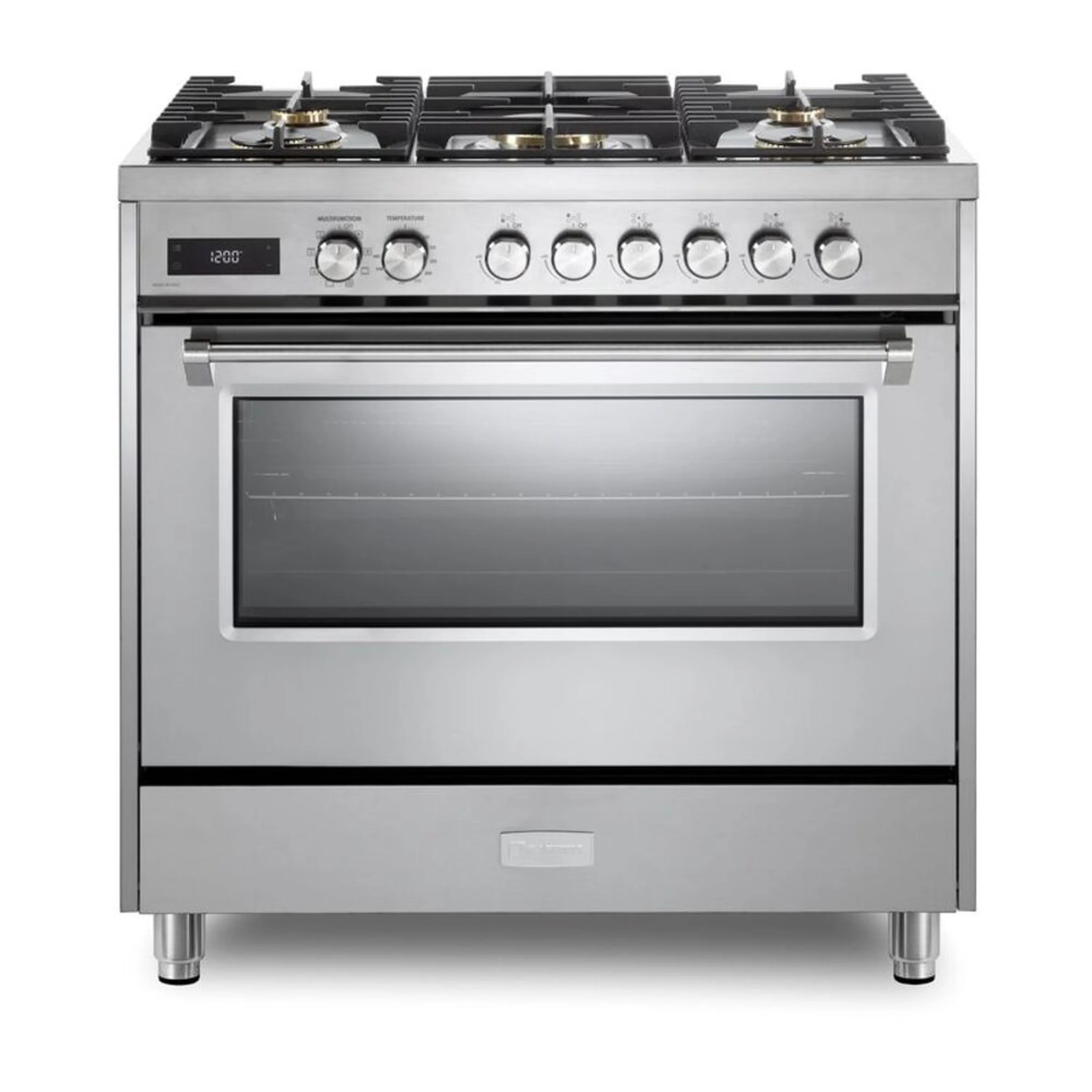 Stainless steel 36-inch dual fuel range with 5 sealed burners and oven viewing window
