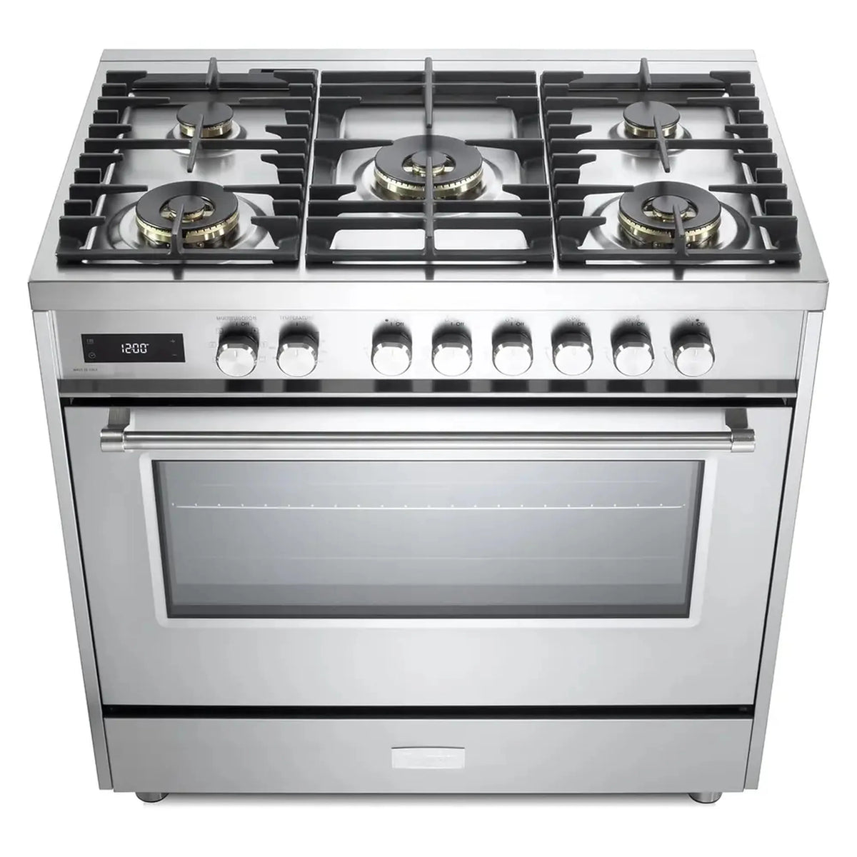 Stainless steel dual fuel range showing five sealed burners and control knobs