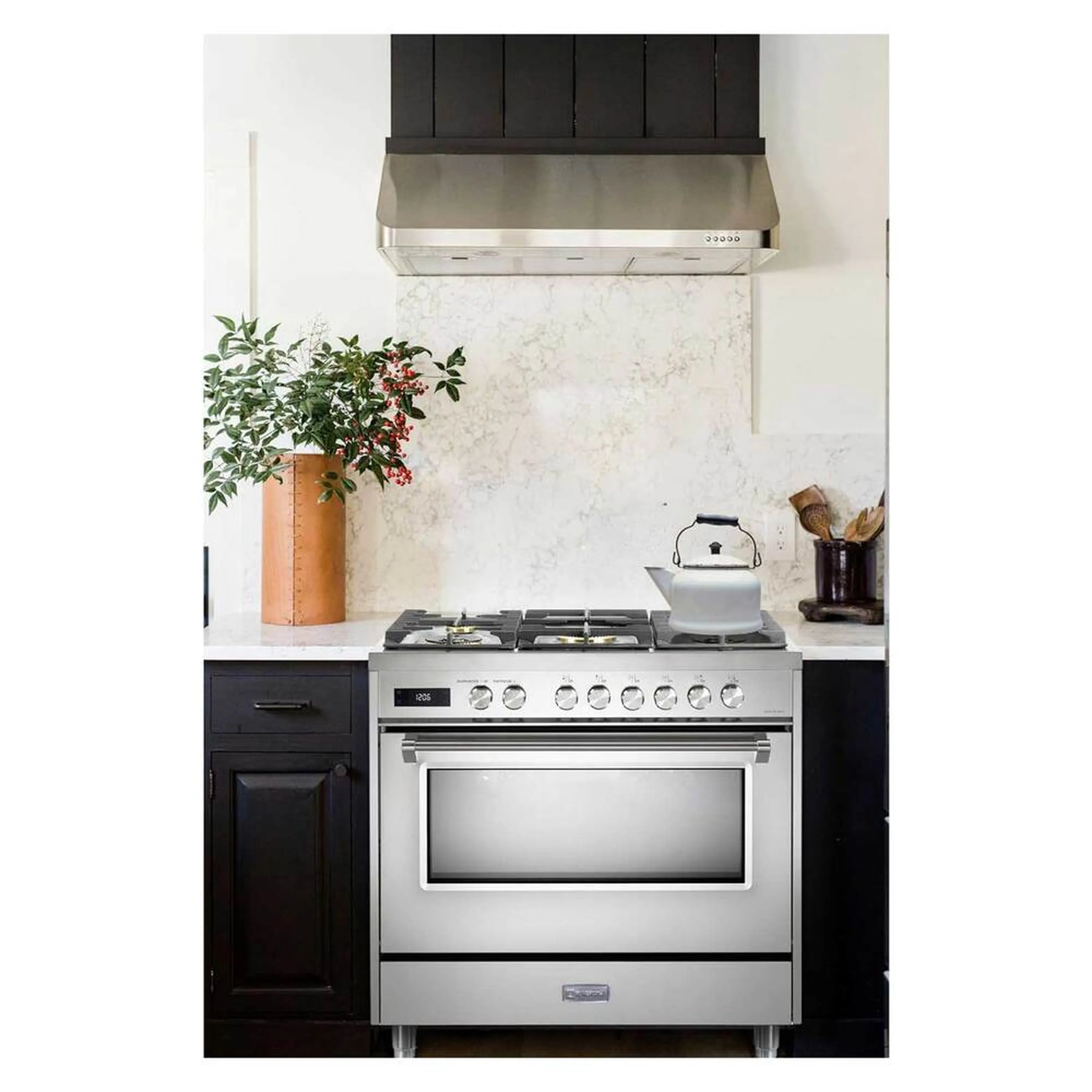 Stainless steel range with 5-burner cooktop, control knobs, and oven door