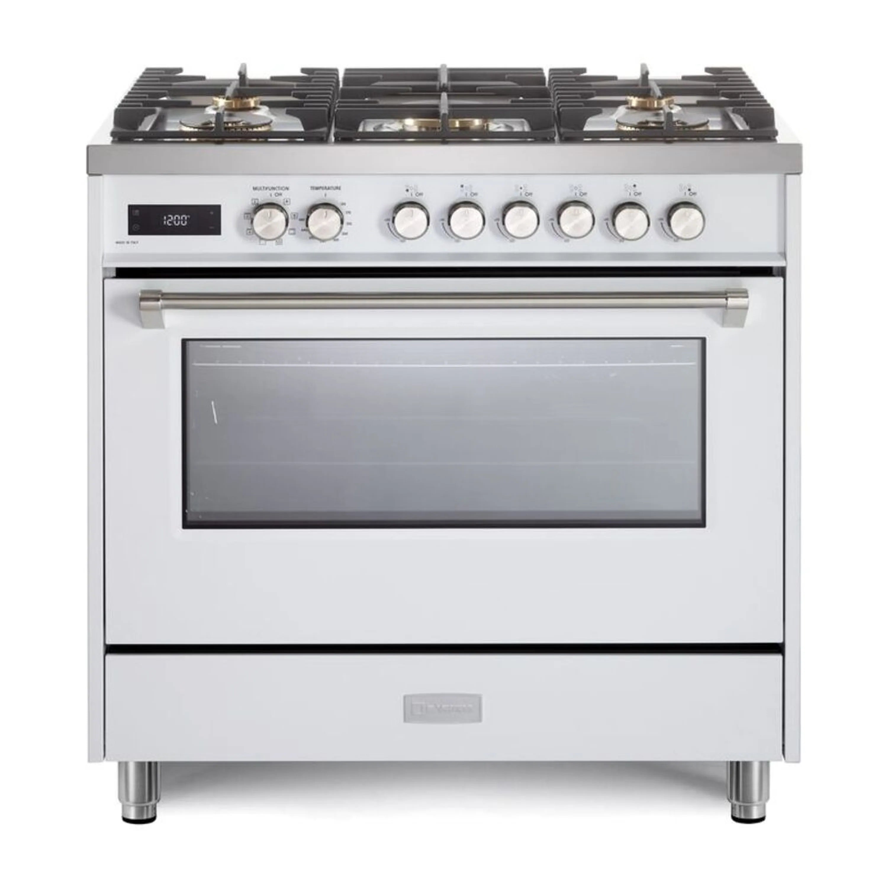 White dual fuel range with five-burner cooktop and closed oven door